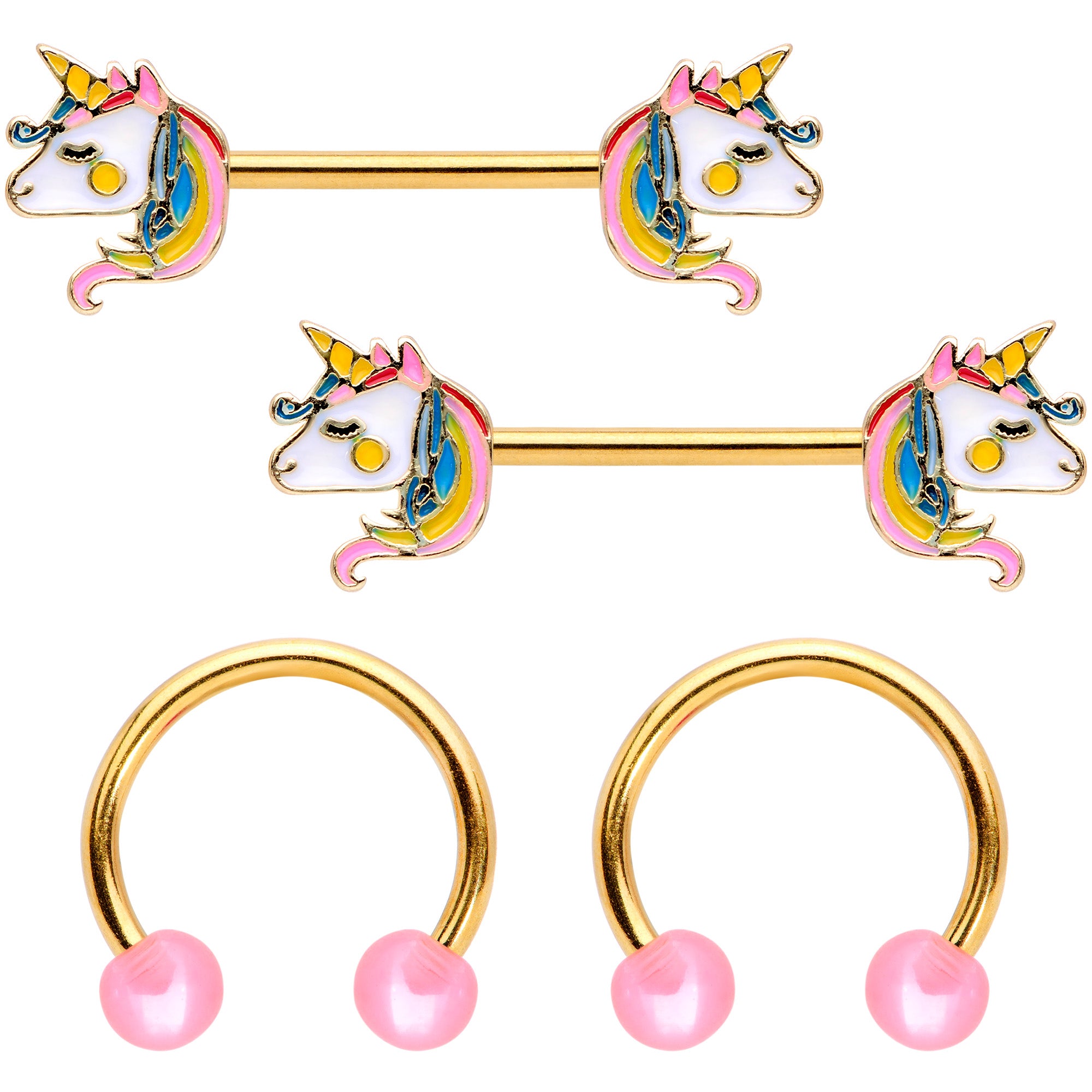 14 Gauge Gold Tone Unicorn UV Horseshoe Barbell Nipple Ring Set of 4