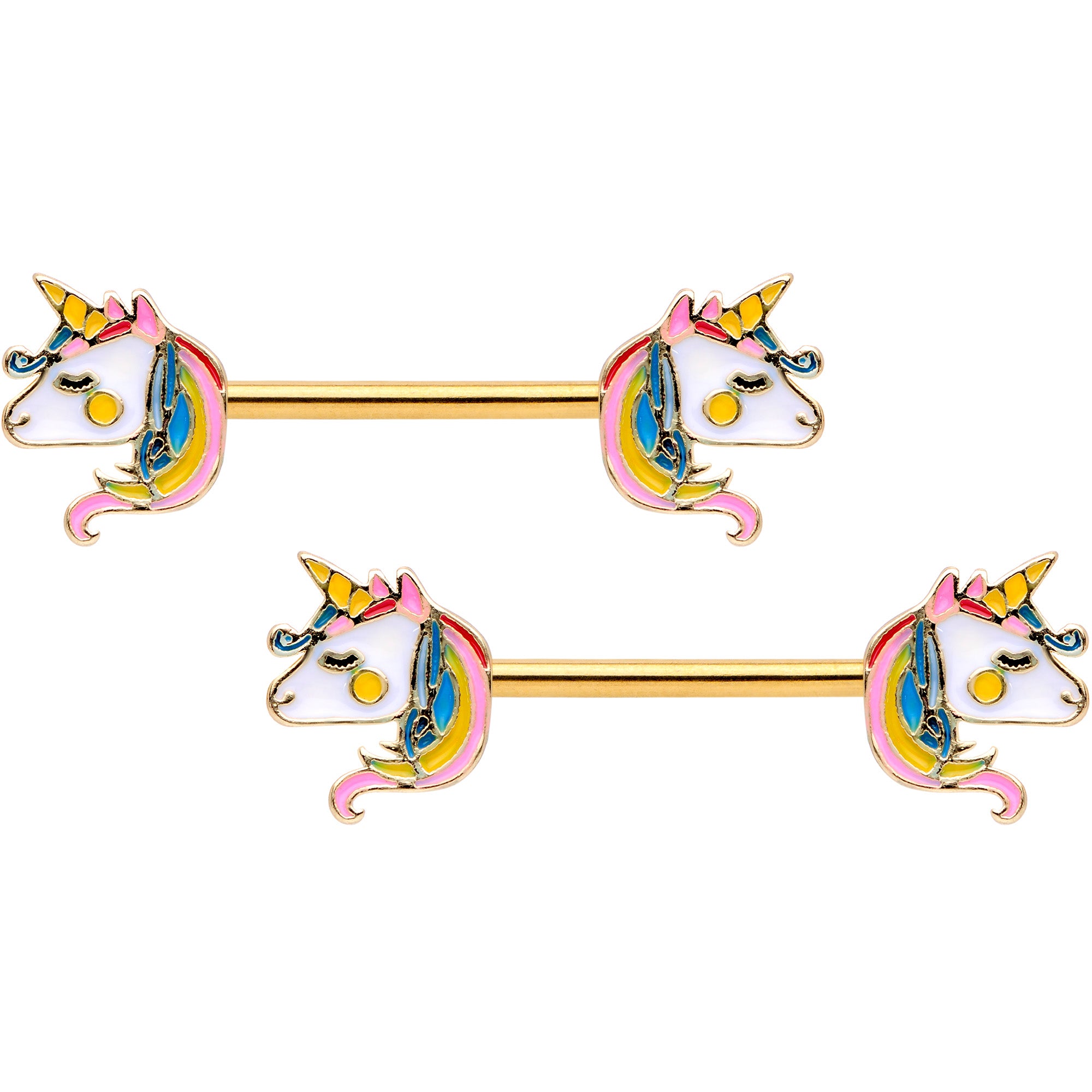 14 Gauge Gold Tone Unicorn UV Horseshoe Barbell Nipple Ring Set of 4