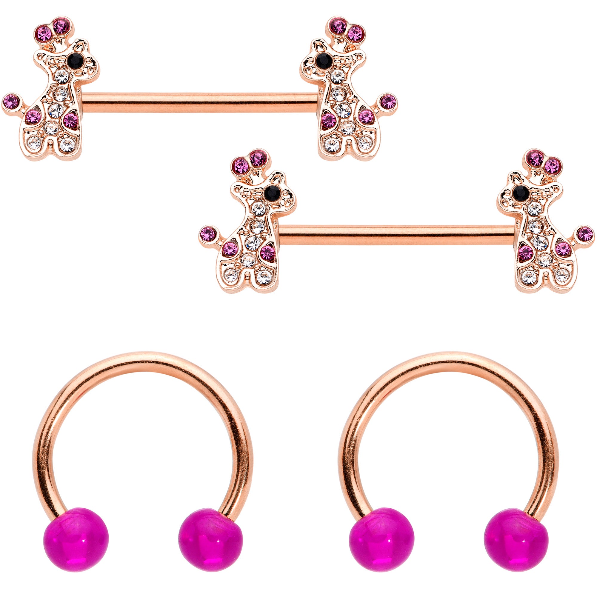 Clear Purple Gem Rose Gold Tone Giraffe UV Horseshoe Nipple Ring Set