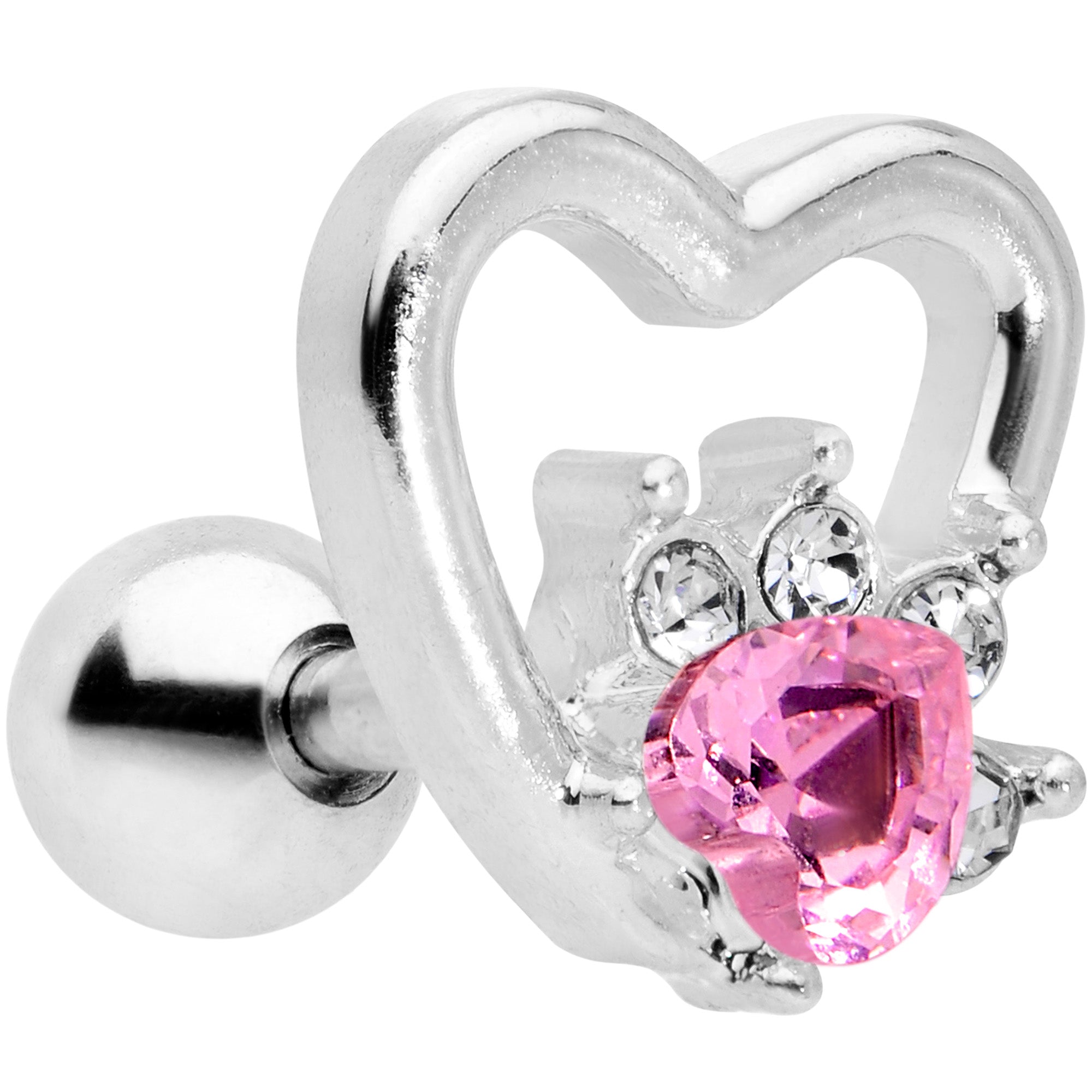 16 Gauge 1/4 Pink Gem Rose Flower Hollow Heart Cartilage Tragus