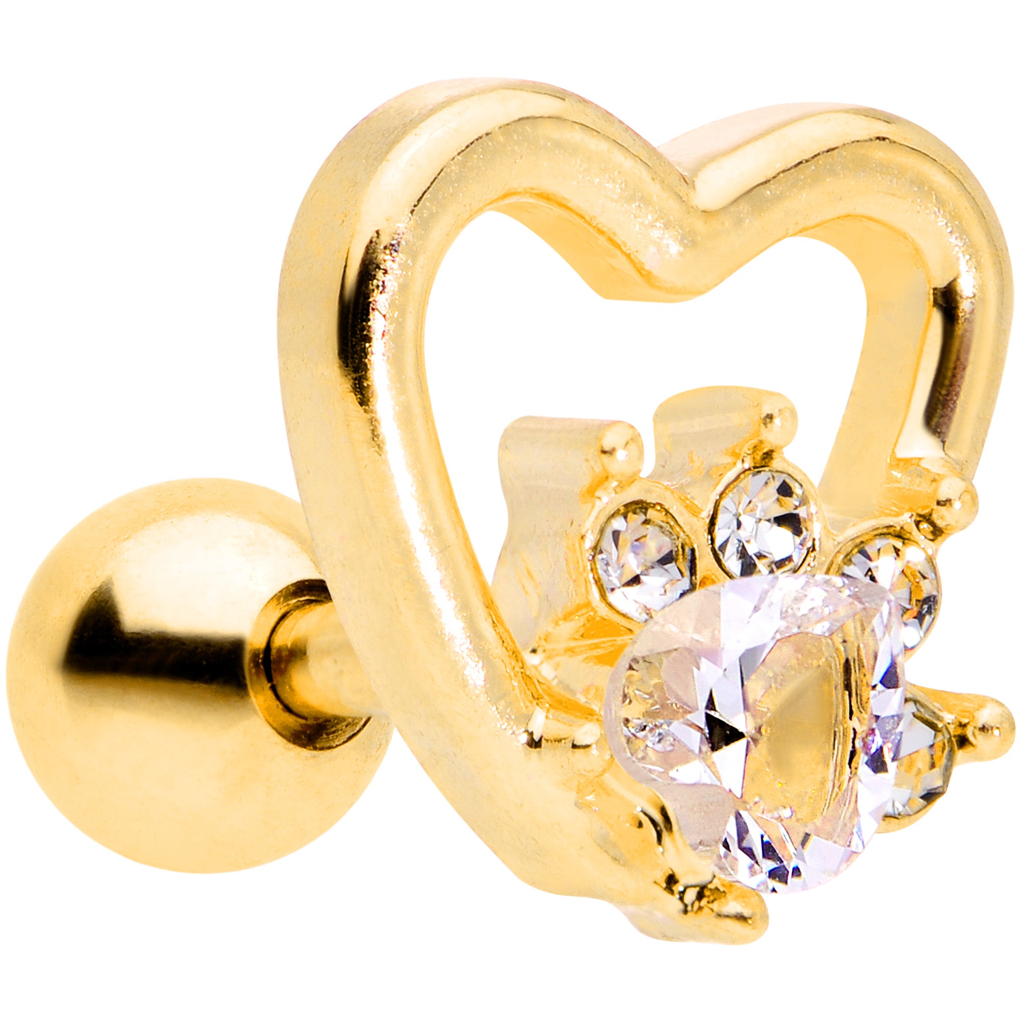 16 Gauge 1/4 Clear Gem Gold Tone Hollow Heart Cartilage Tragus