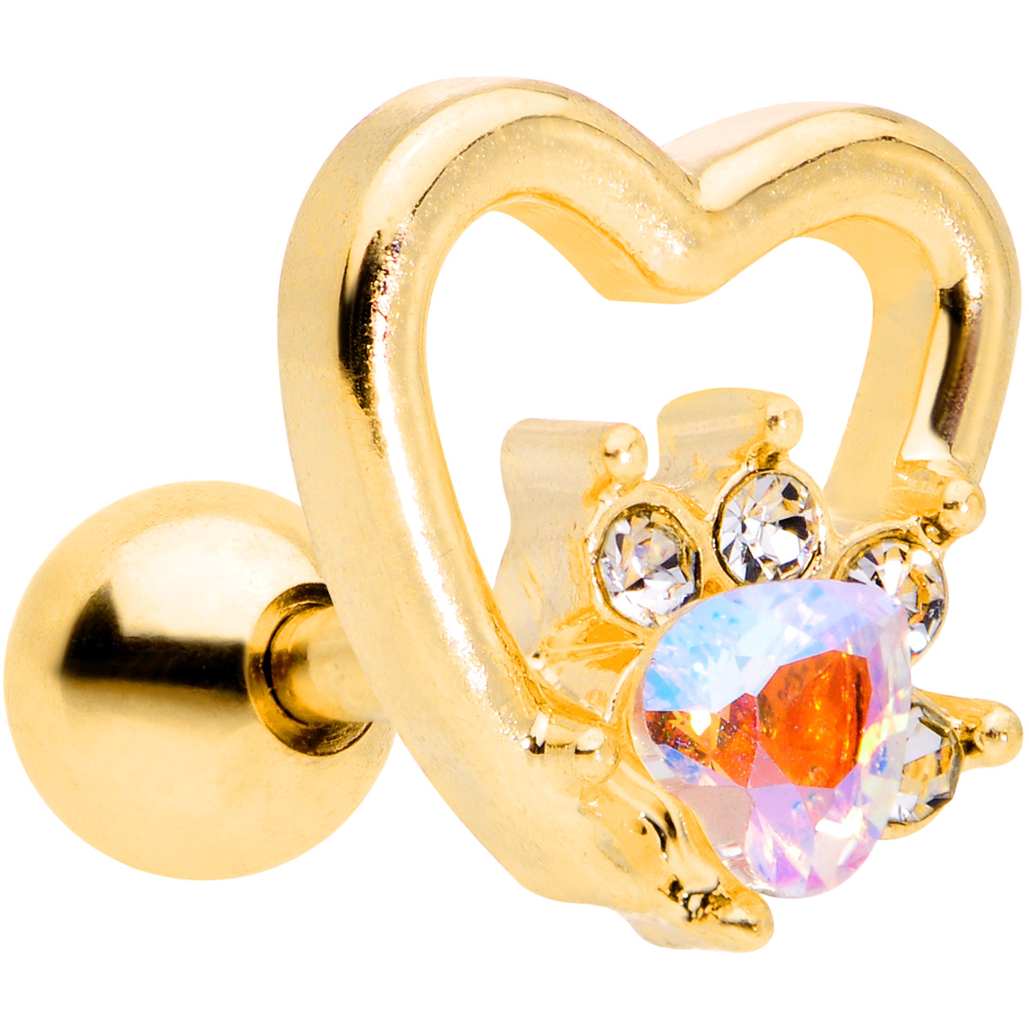 16 Gauge 1/4 Aurora Gem Gold Tone Hollow Heart Cartilage Tragus