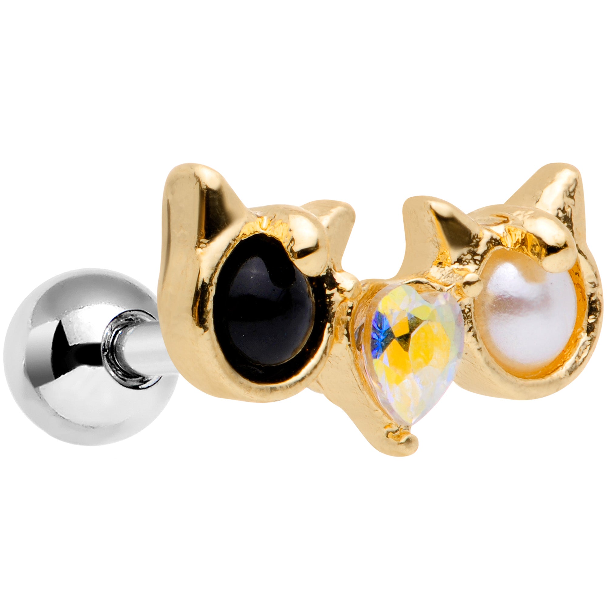 16 Gauge 1/4 Black White CZ Gem Gold Tone Kitty Cat Luv Cartilage Tragus