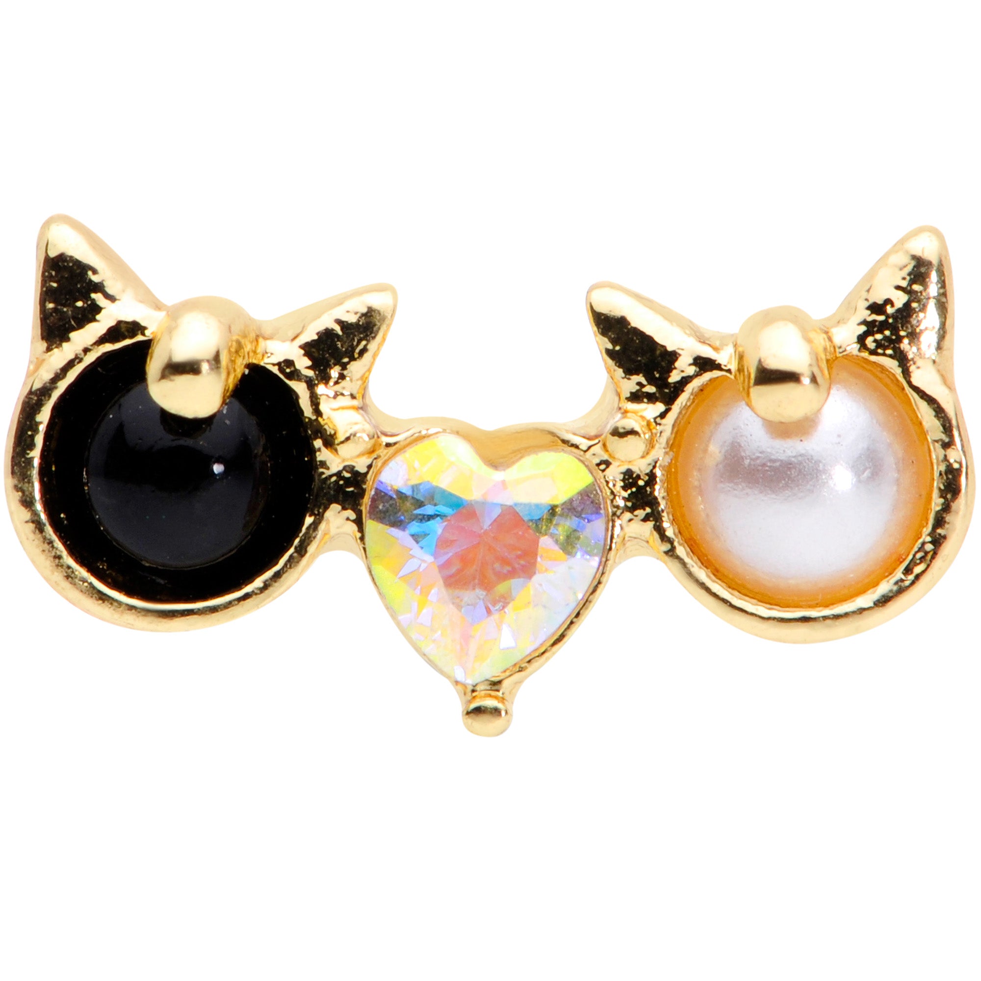 16 Gauge 1/4 Black White CZ Gem Gold Tone Kitty Cat Luv Cartilage Tragus