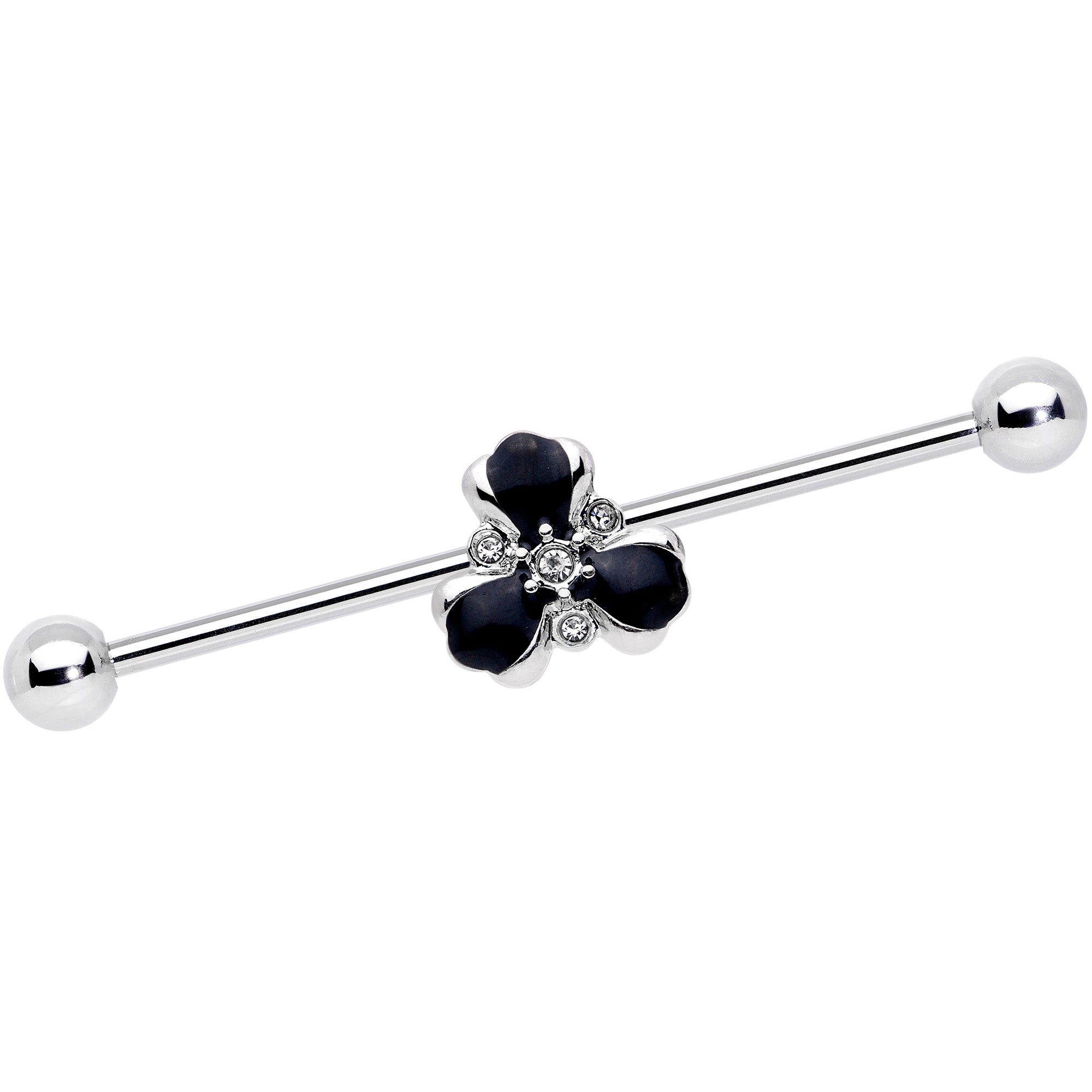 14 Gauge Clear Black Gem Abstract Flower Industrial Barbell 38mm