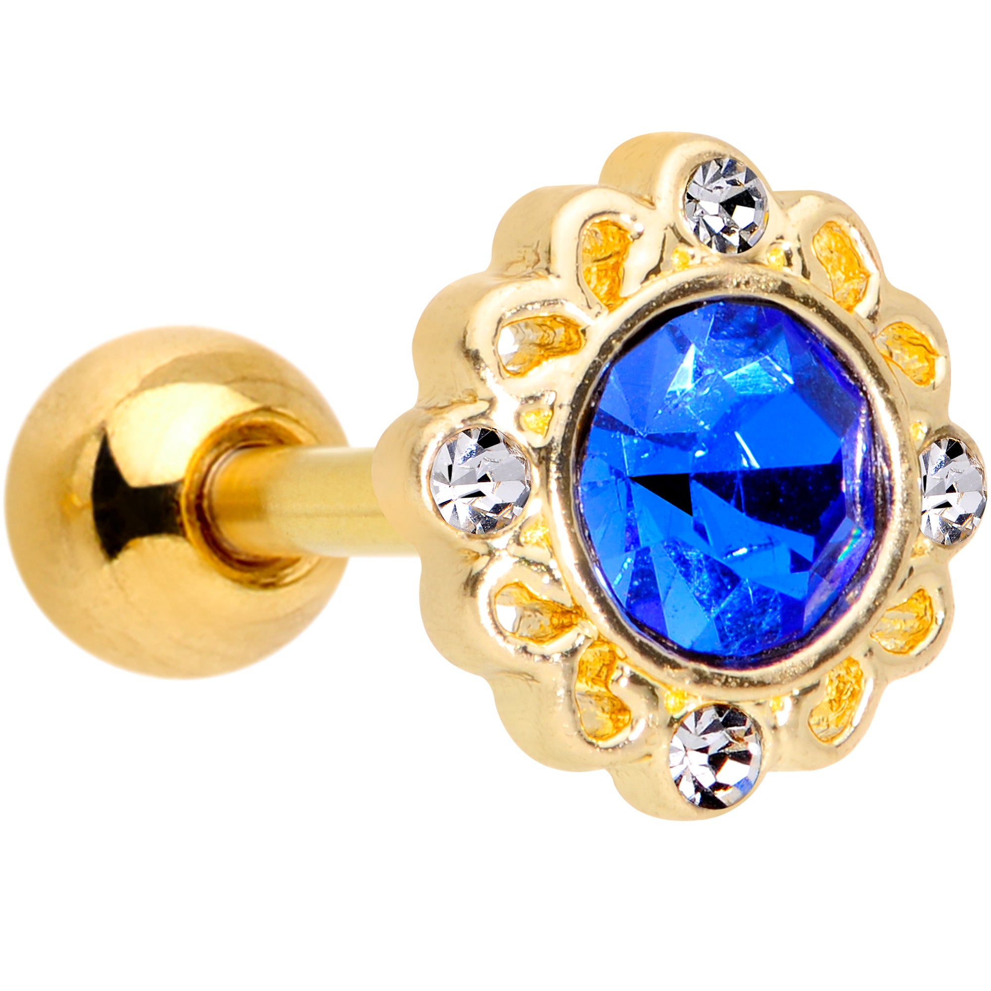 16 Gauge 1/4 Clear Blue Gem Gold Tone Empire Cartilage Tragus Earring