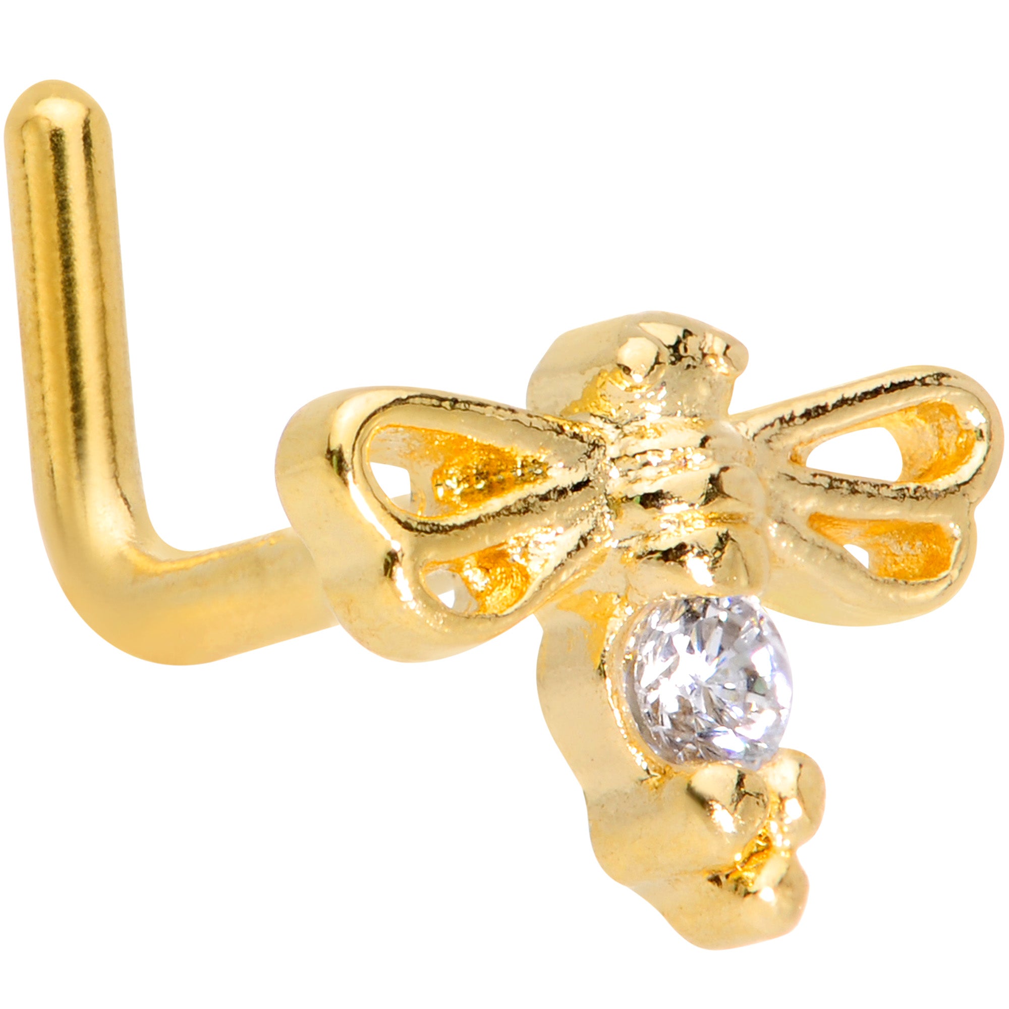 18 Gauge 7mm Clear CZ Gem Gold Tone Dragonfly L Shaped Nose Ring