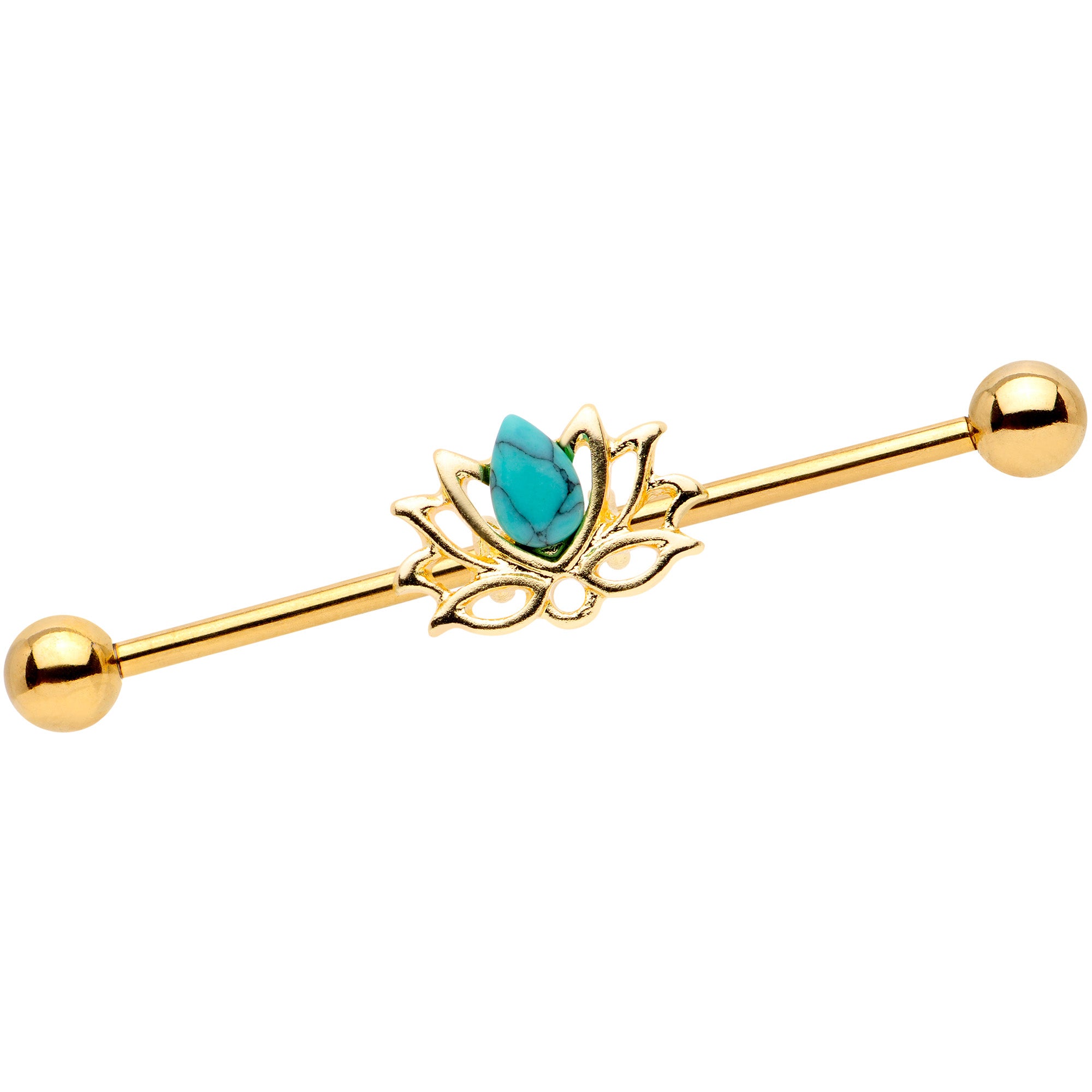 14 Gauge Faux Turquoise Gold Tone Lotus Flower Industrial Barbell 38mm