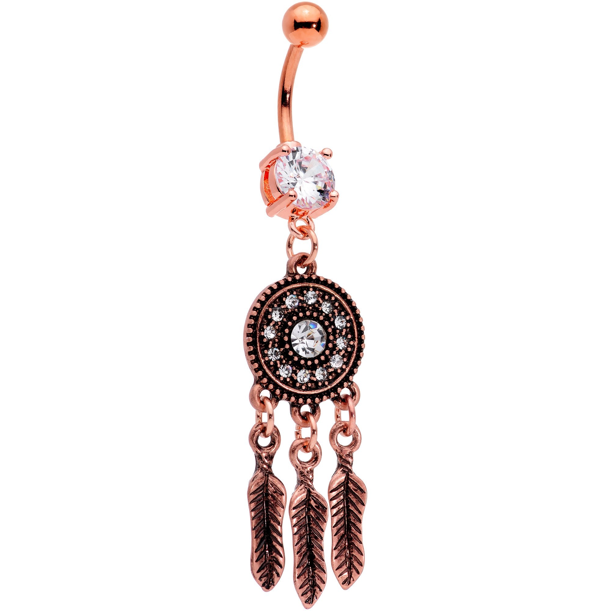 Clear Gem Rose Gold Tone Feather Mandala Dreamcatcher Belly Ring