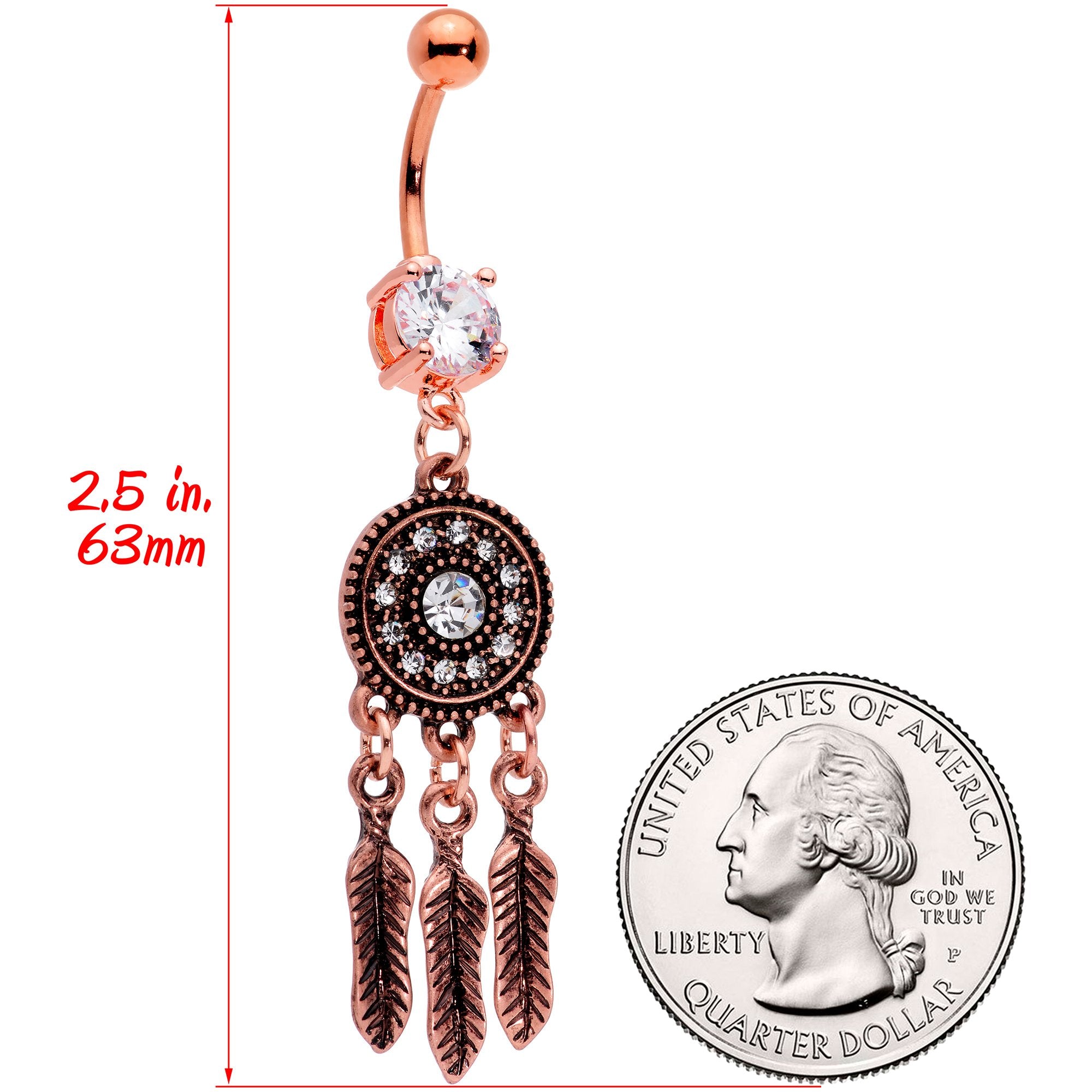 Clear Gem Rose Gold Tone Feather Mandala Dreamcatcher Belly Ring