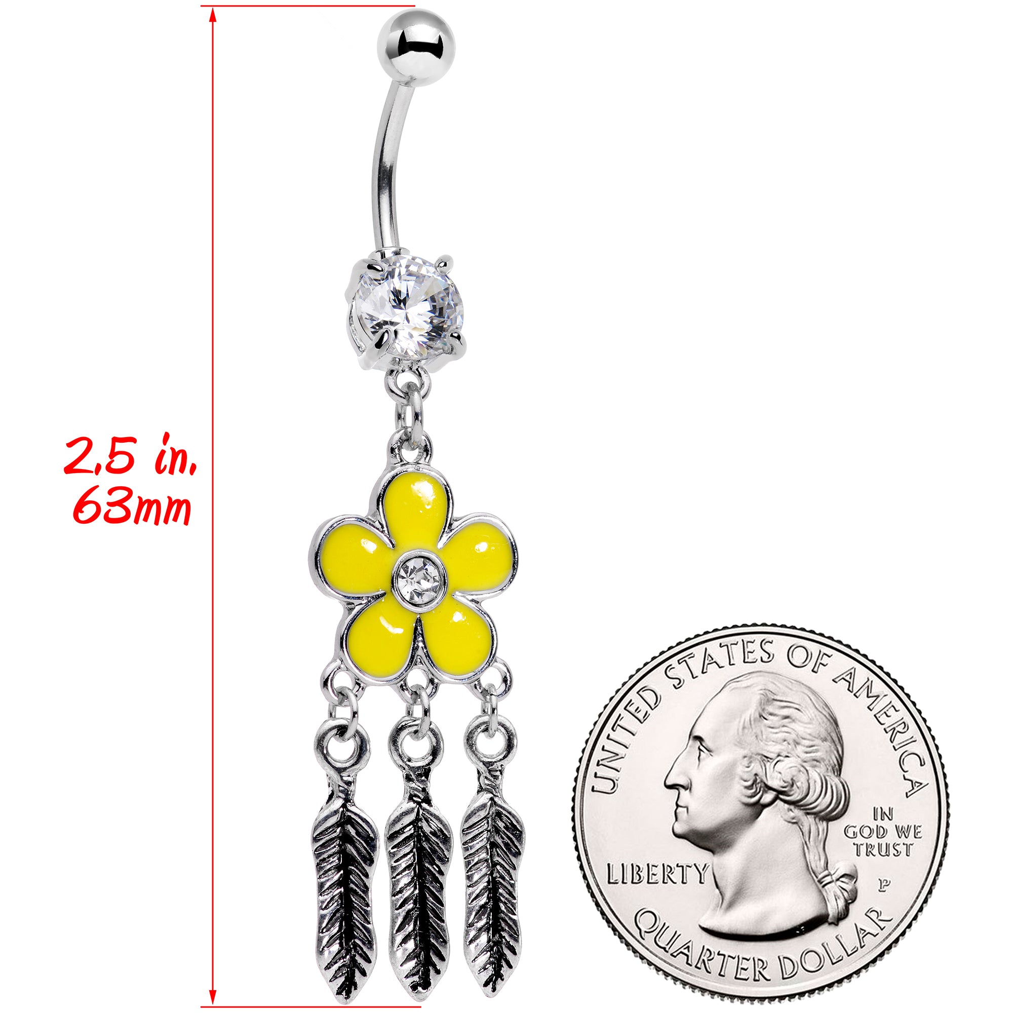 Clear Gem Yellow Flower Feathers Dreamcatcher Dangle Belly Ring