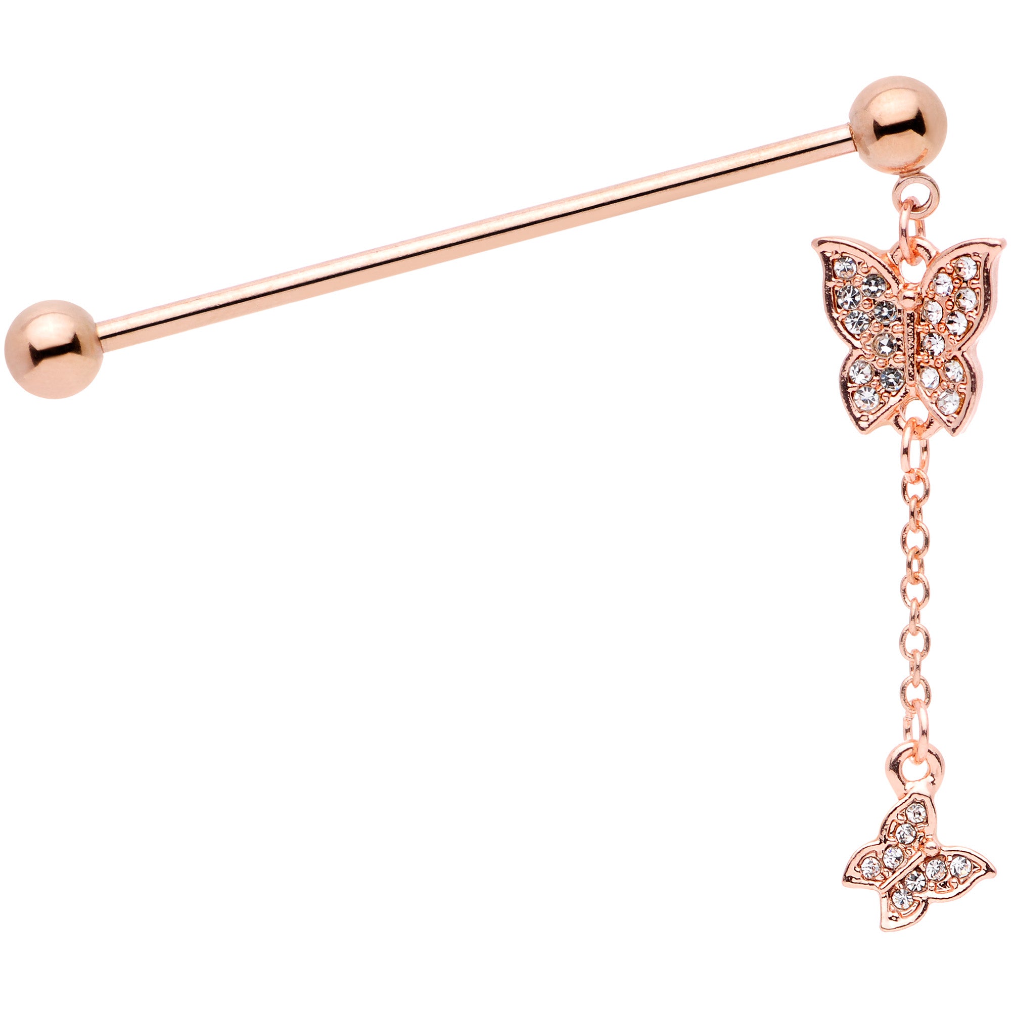 14 Gauge Clear Gem Rose Gold Tone Butterfly Dangle Industrial Barbell