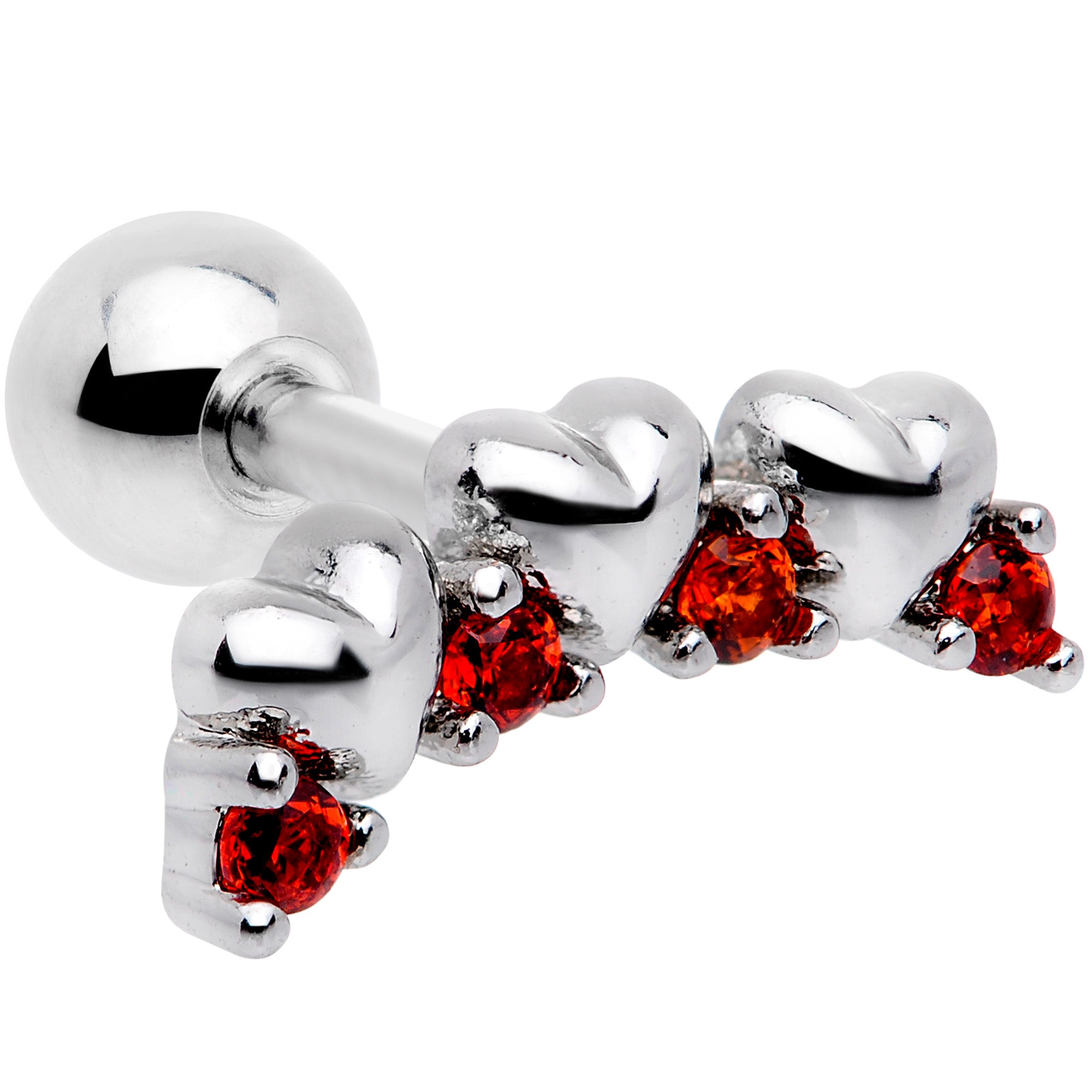 16 Gauge 1/4 Red CZ Gem Tiny Hearts Cartilage Tragus Earring