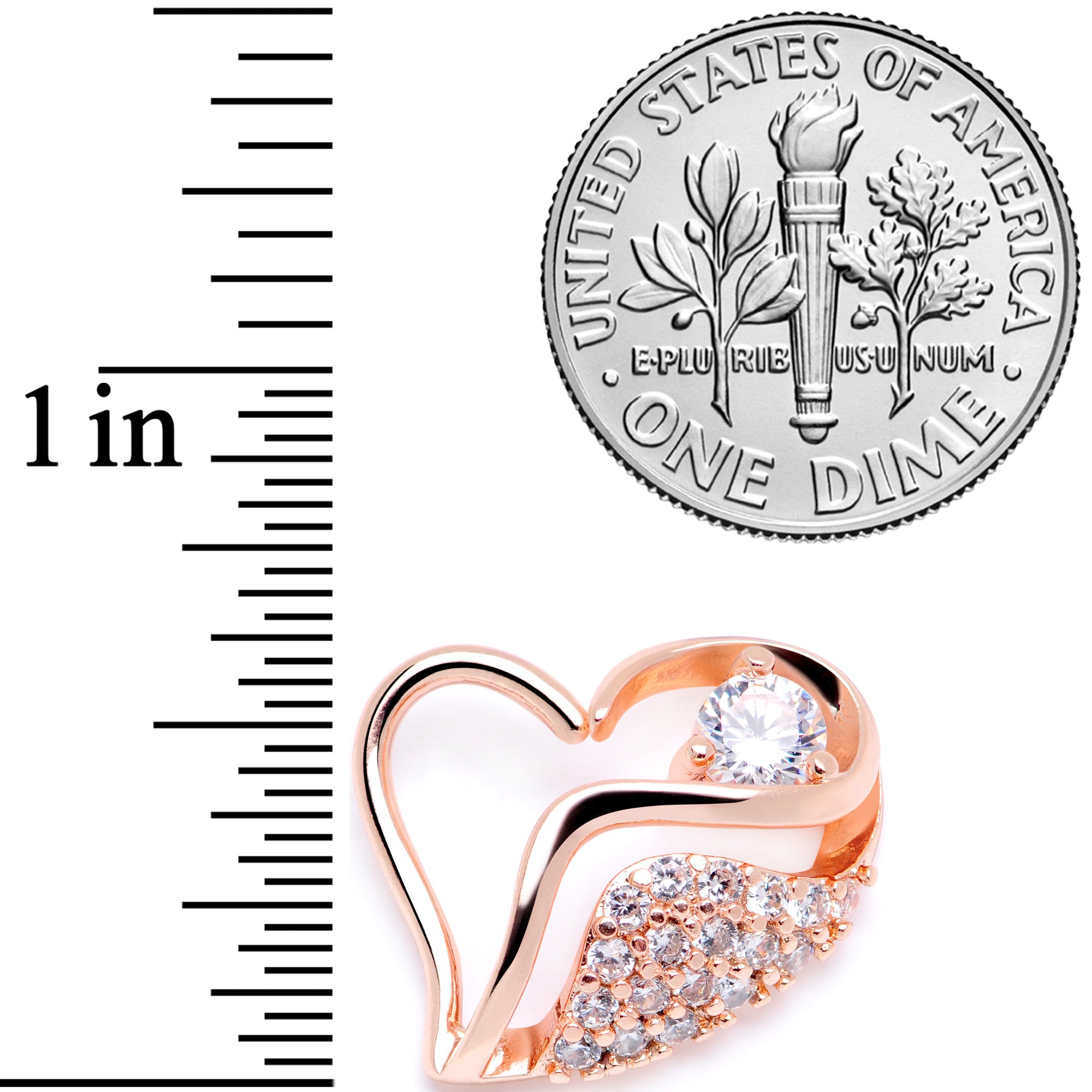 16 Gauge 5/16 Clear CZ Gem Rose Gold Tone Heart Left Closure Ring