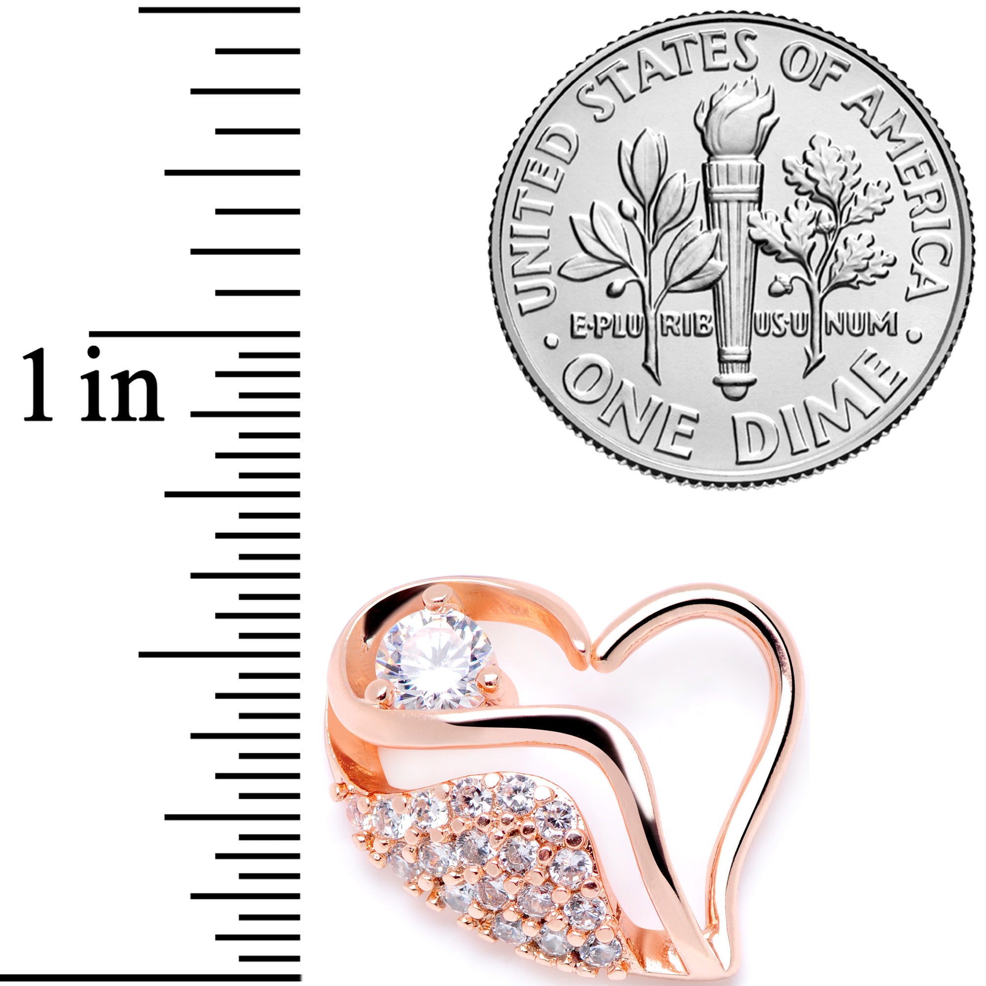 16 Gauge 5/16 Clear CZ Gem Rose Gold Tone Heart Right Closure Ring