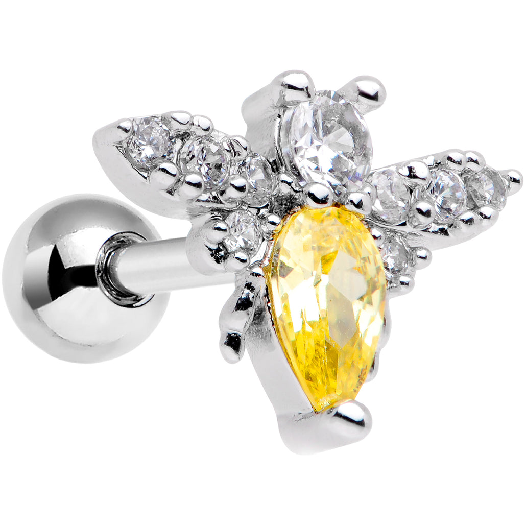 16 Gauge 1/4 Clear Yellow CZ Gem Bee Cartilage Tragus Earring