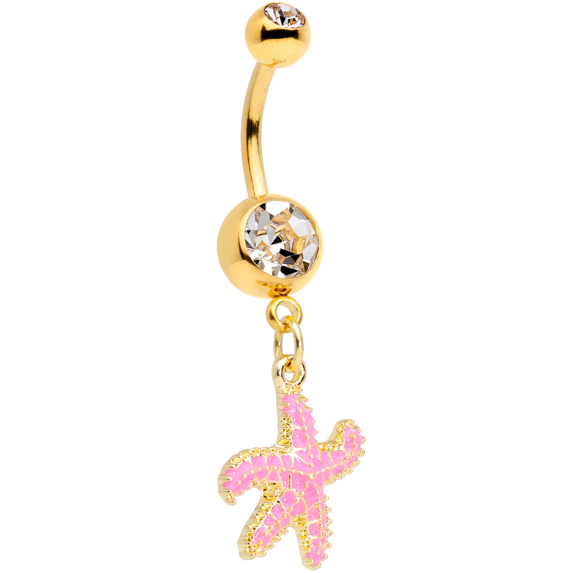 Clear Gem Gold Tone Pink Nautical Starfish Dangle Belly Ring