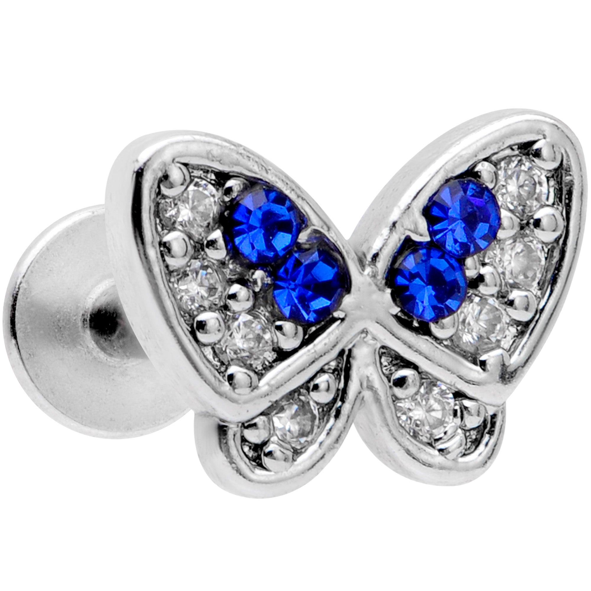 16 Gauge 5/16 Clear CZ Gem Blue Gem Butterfly Labret Monroe Tragus