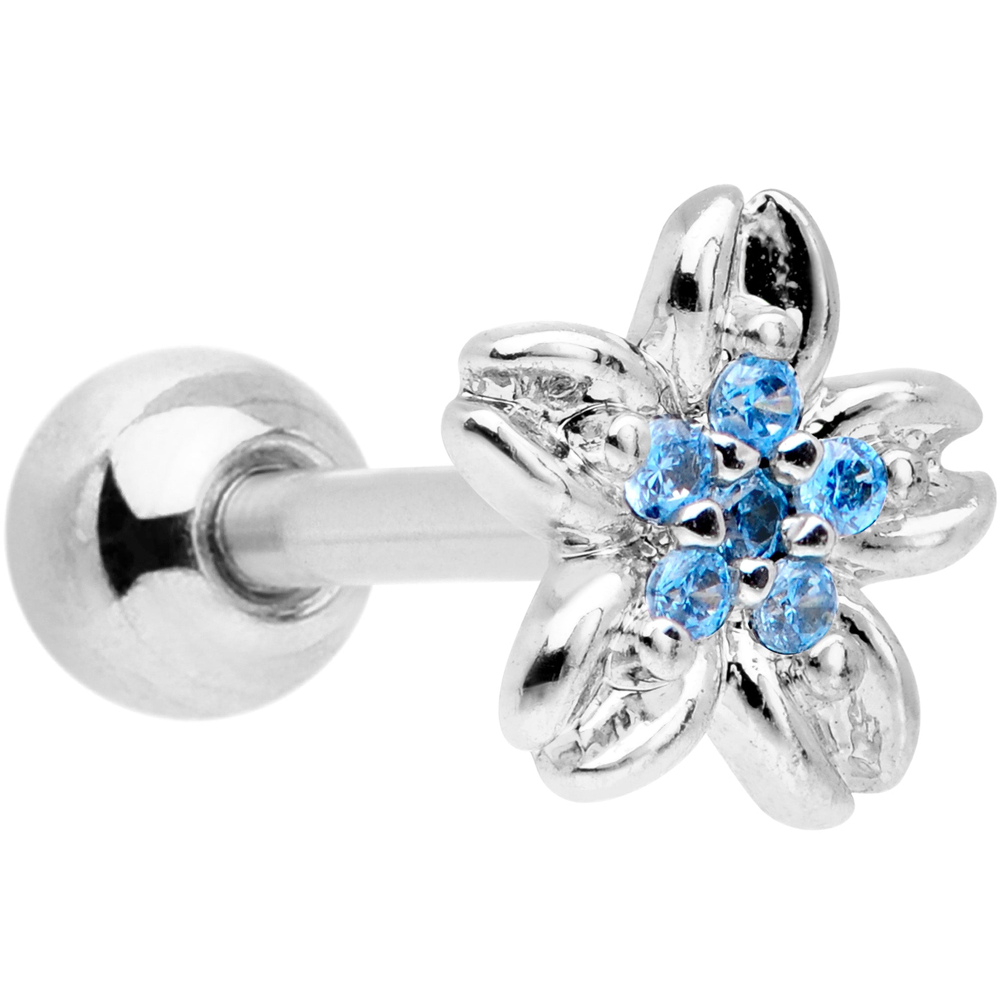 16 Gauge 1/4 Aqua Gem Center Flower Cartilage Tragus Earring