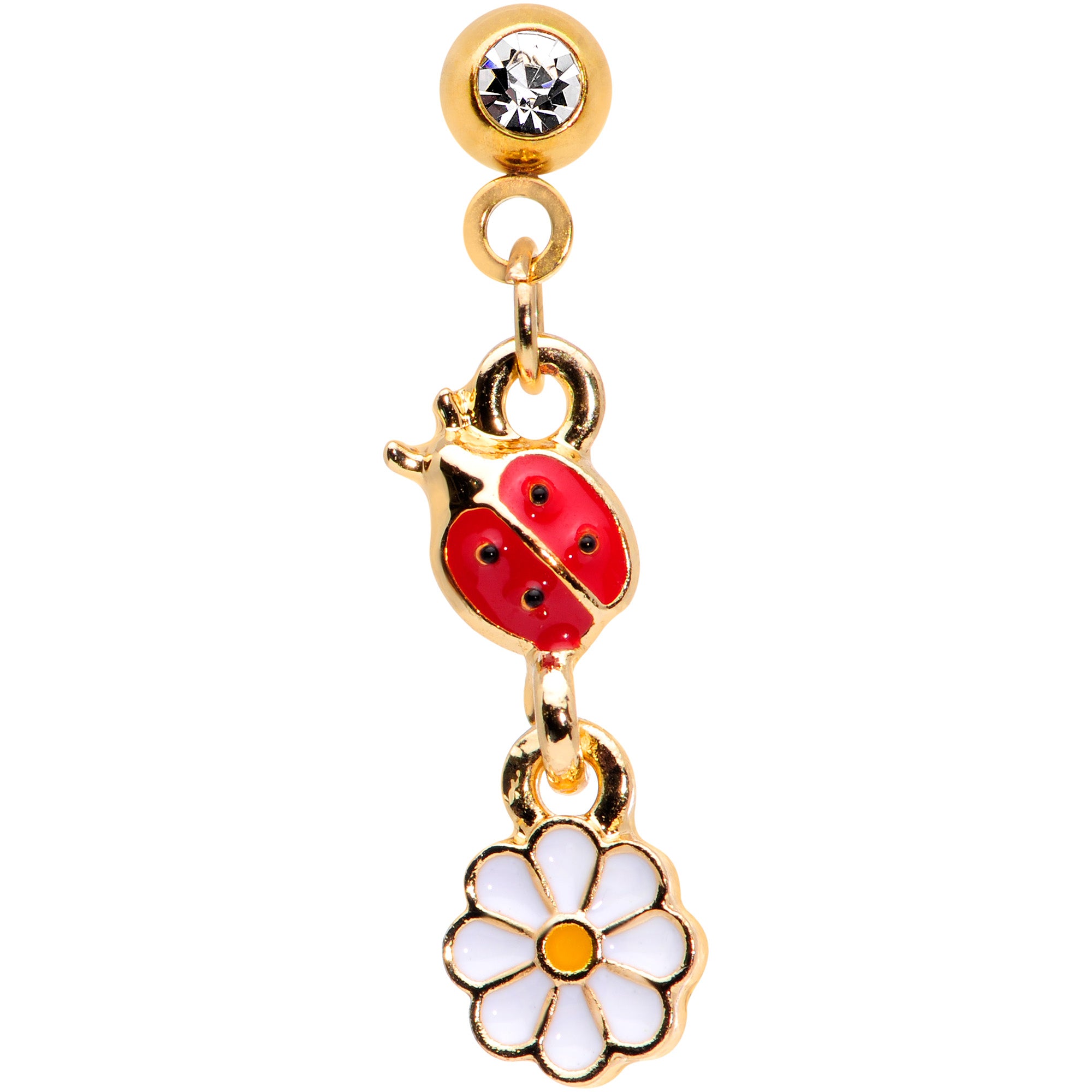 16 Gauge 1/4 Clear Gem Gold Tone Ladybug Dangle Cartilage Tragus