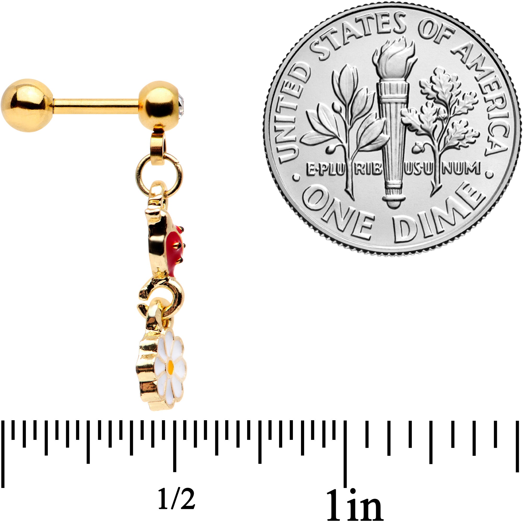 16 Gauge 1/4 Clear Gem Gold Tone Ladybug Dangle Cartilage Tragus