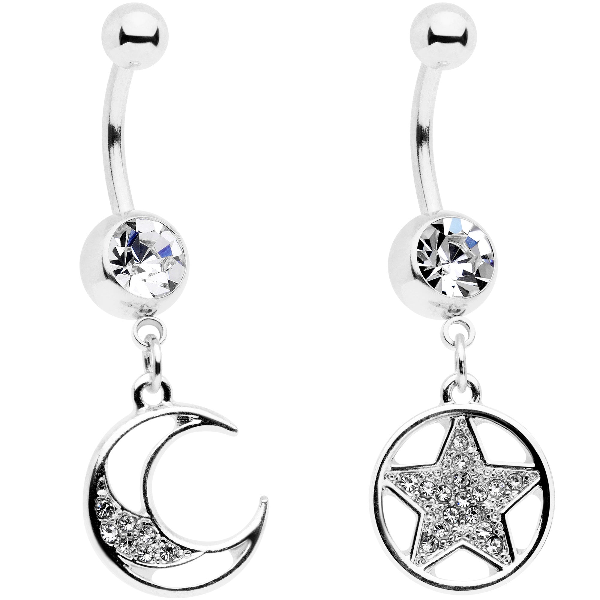 Clear Gem Moon Star Magic Dangle Belly Ring Set of 2