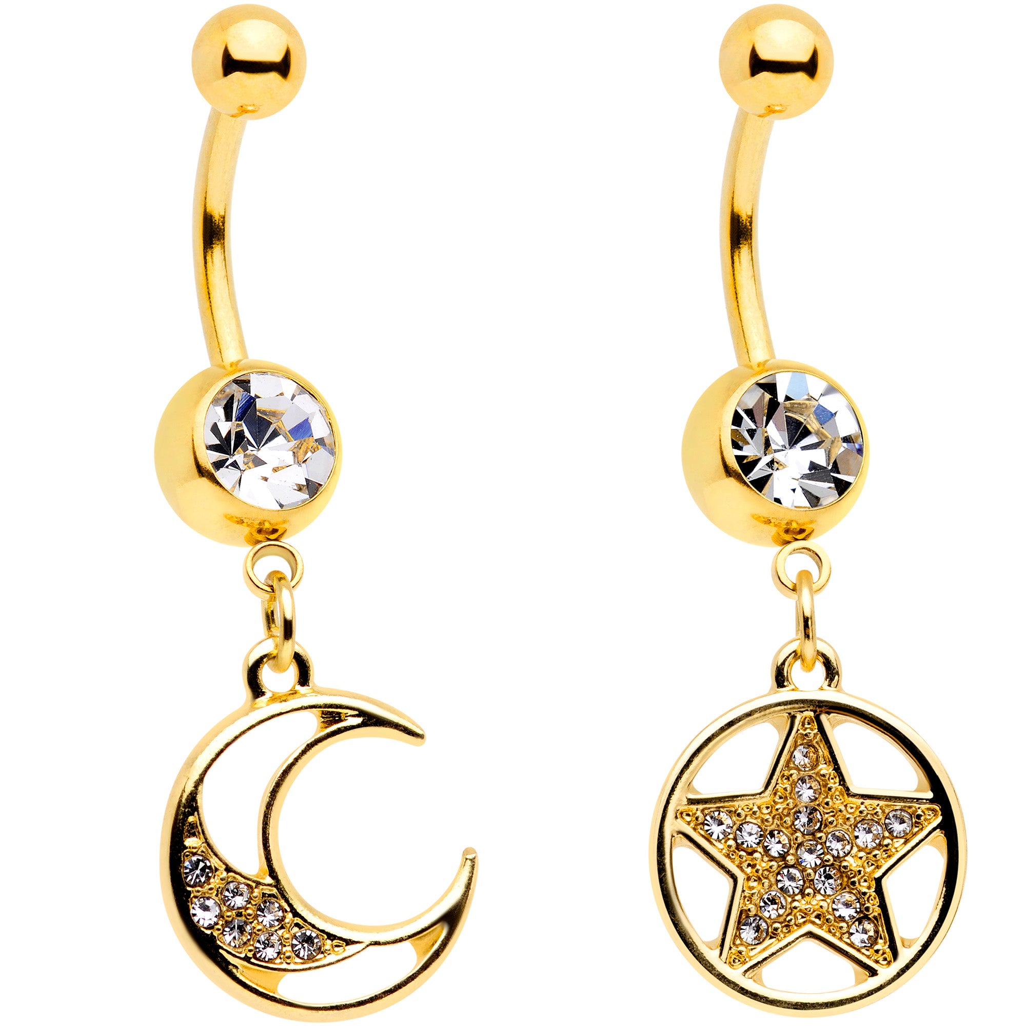 Clear Gem Gold Tone Moon Star Magic Dangle Belly Ring Set of 2