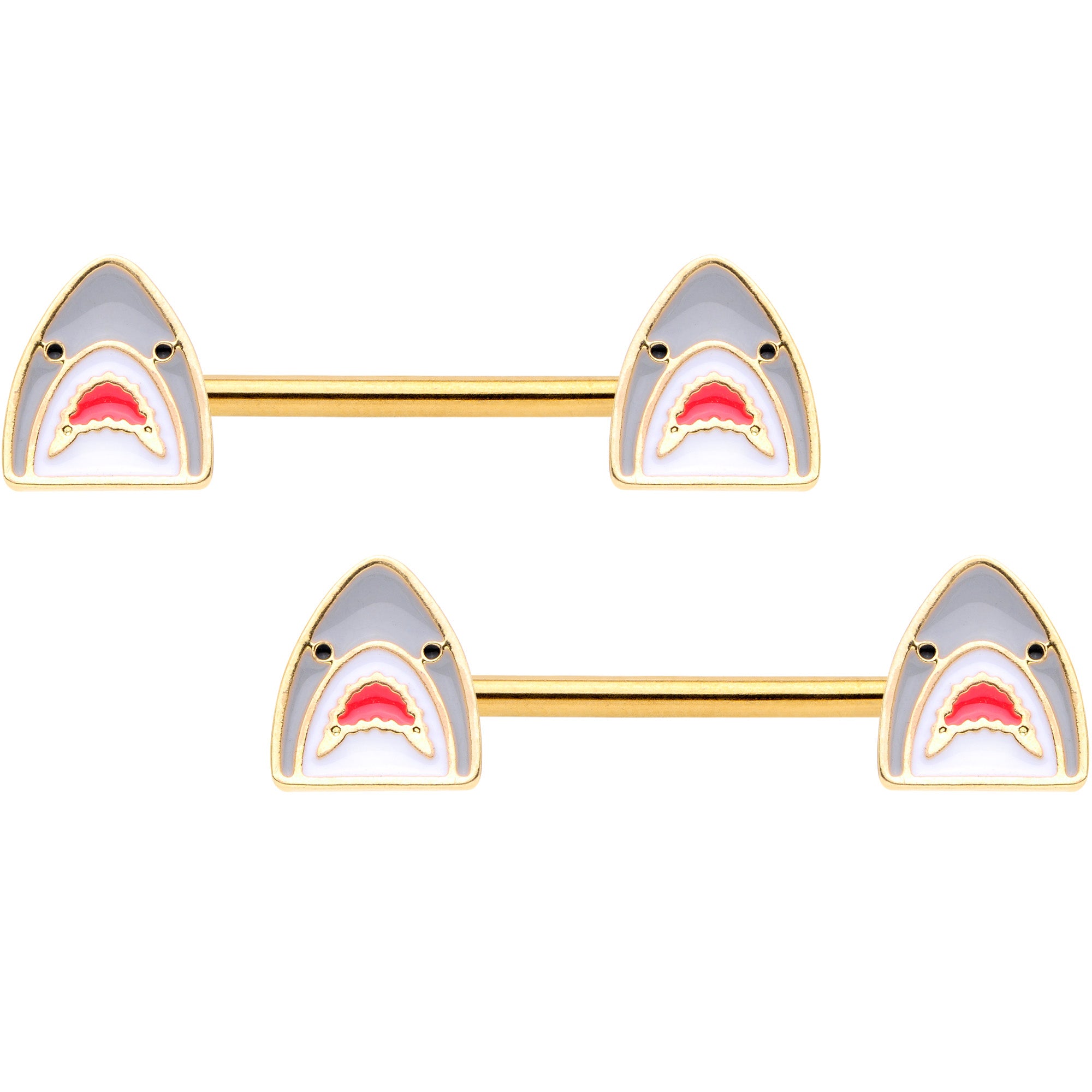 14 Gauge 9/16 Gold Tone Shark Attack Barbell Nipple Ring Set