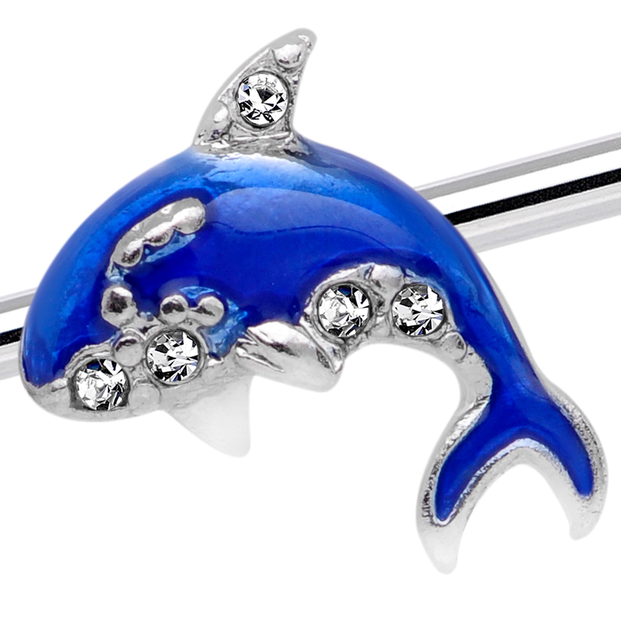 14 Gauge Clear Gem Sea Bling Blue Orca Whale Industrial Barbell 38mm