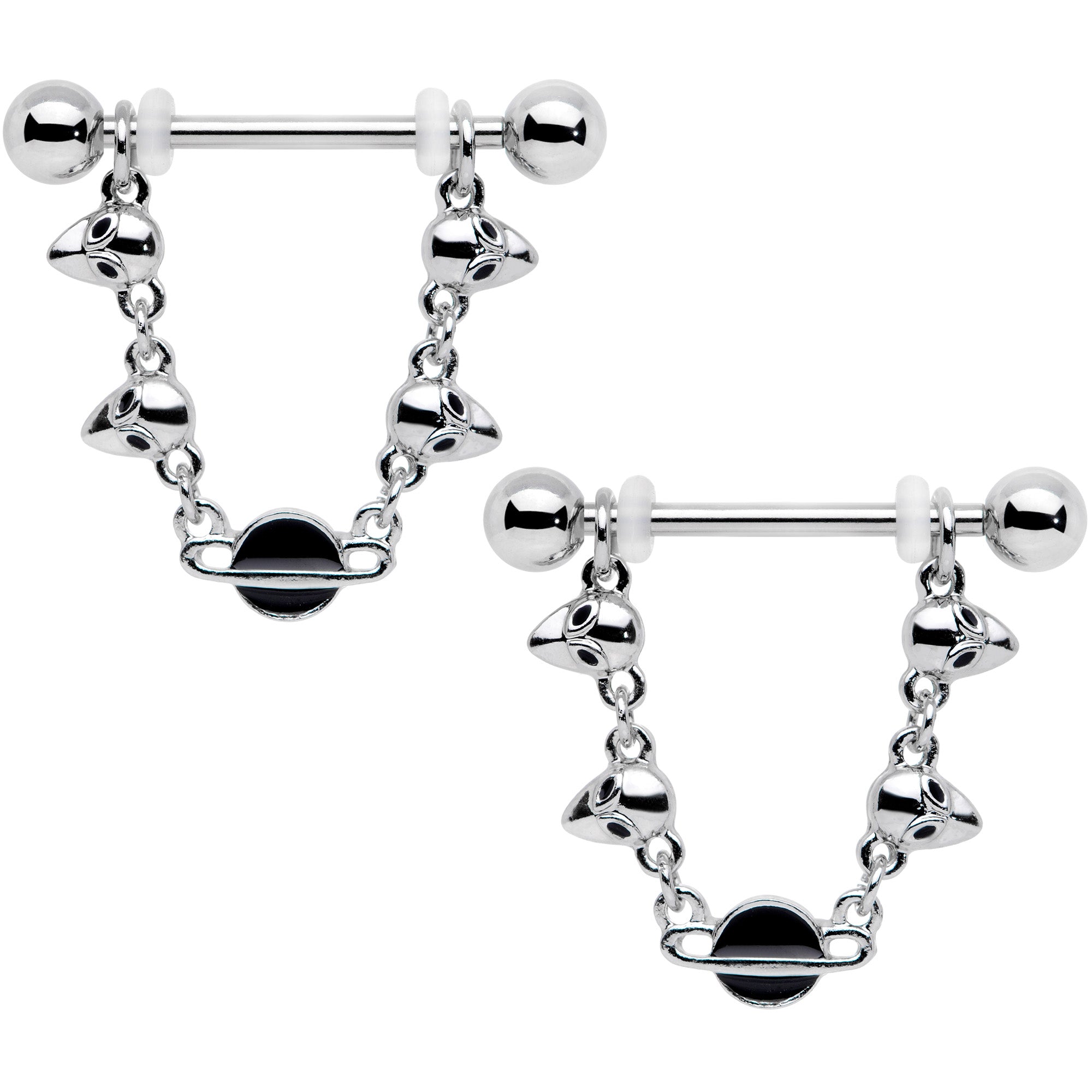 14 Gauge 9/16 Black Planet Saturn Alien Dangle Barbell Nipple Ring Set