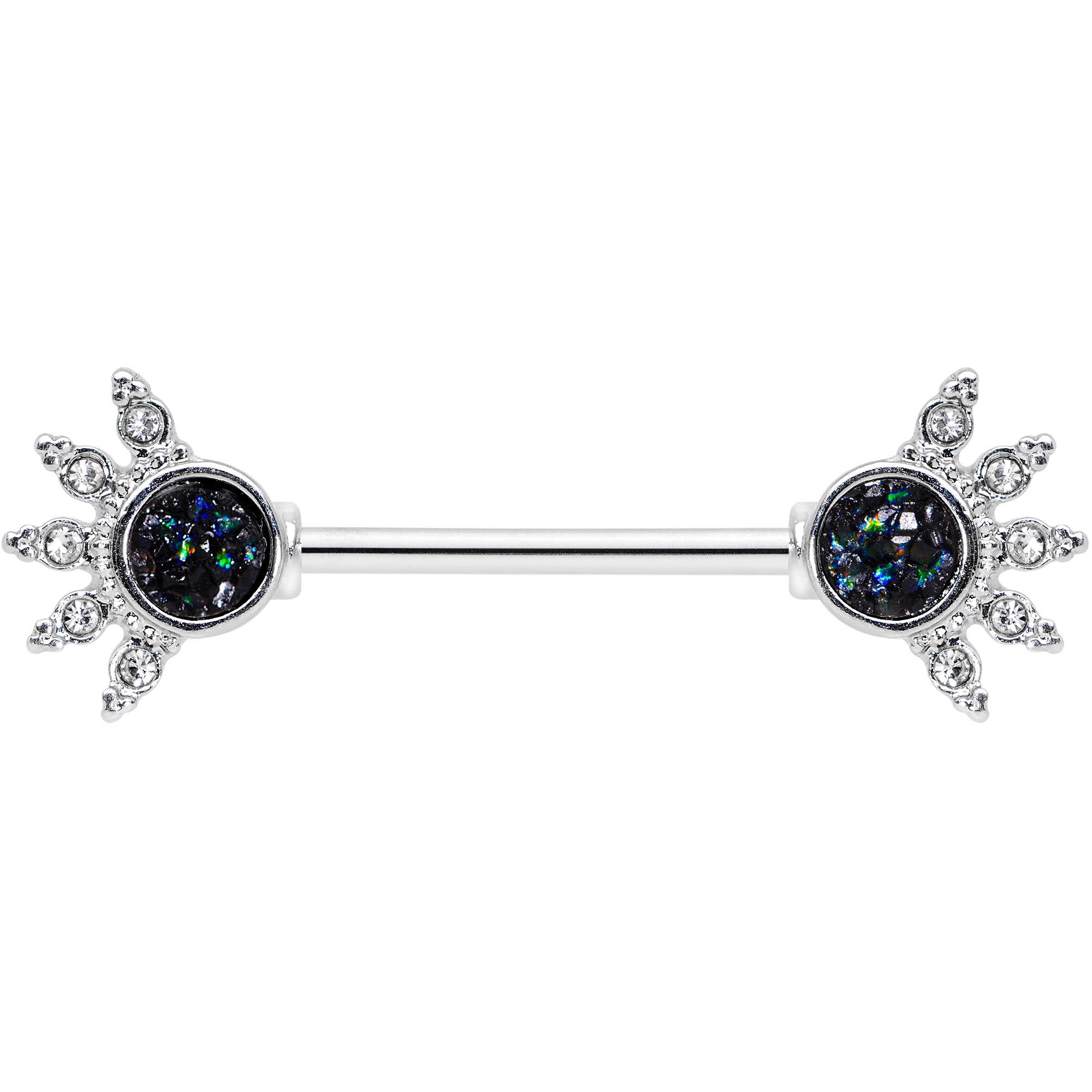 14 Gauge 9/16 Clear Gem Blue Faux Druzy Crest Barbell Nipple Ring Set