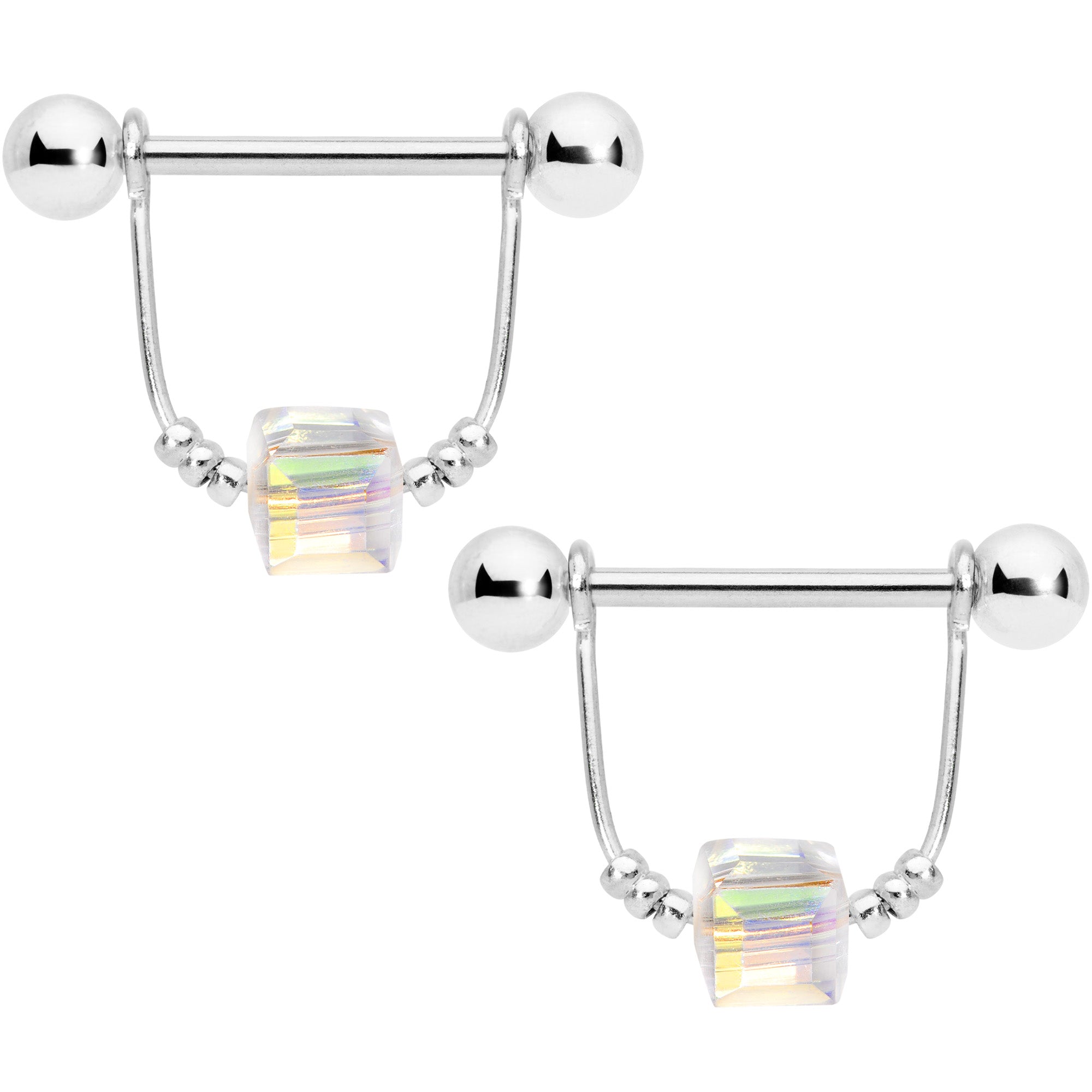 14 Gauge 5/8 Clear Gem Cube Dangle Nipple Ring Set