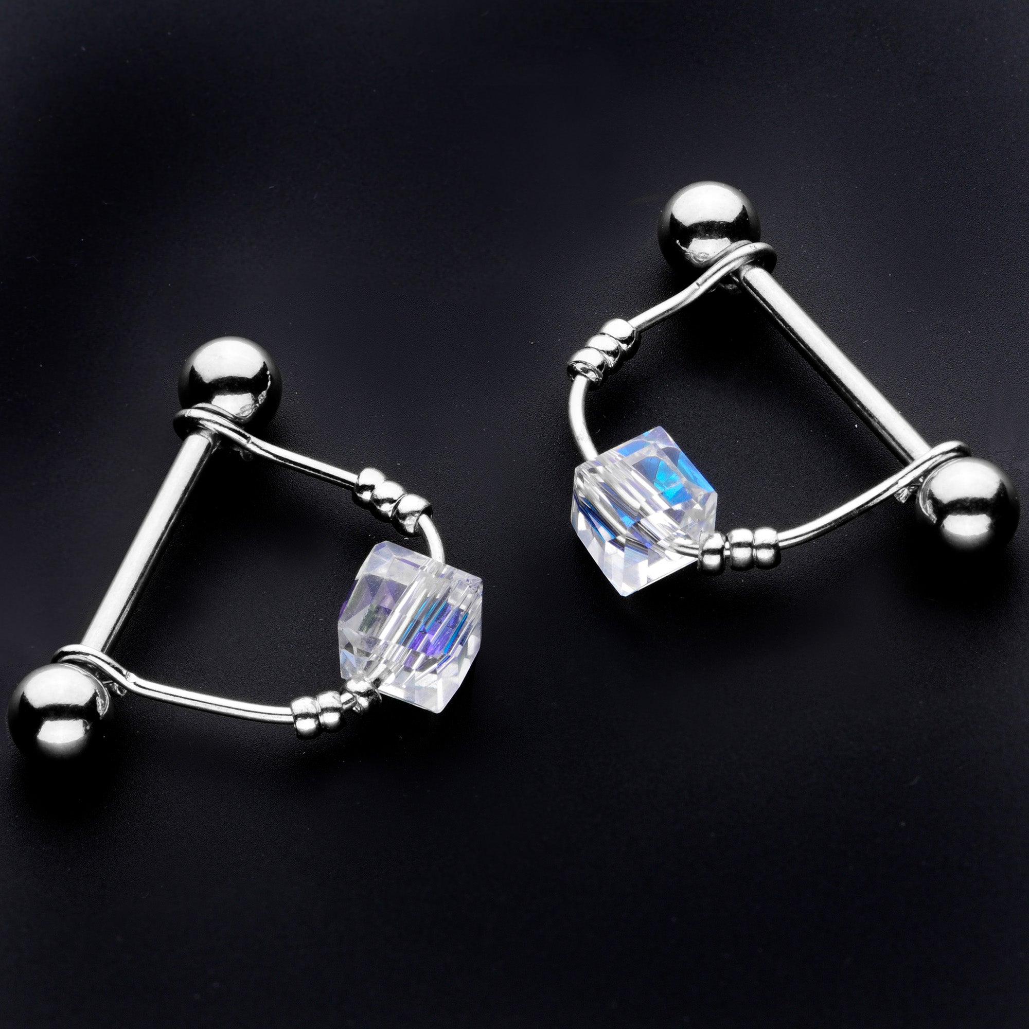 14 Gauge 5/8 Clear Gem Cube Dangle Nipple Ring Set