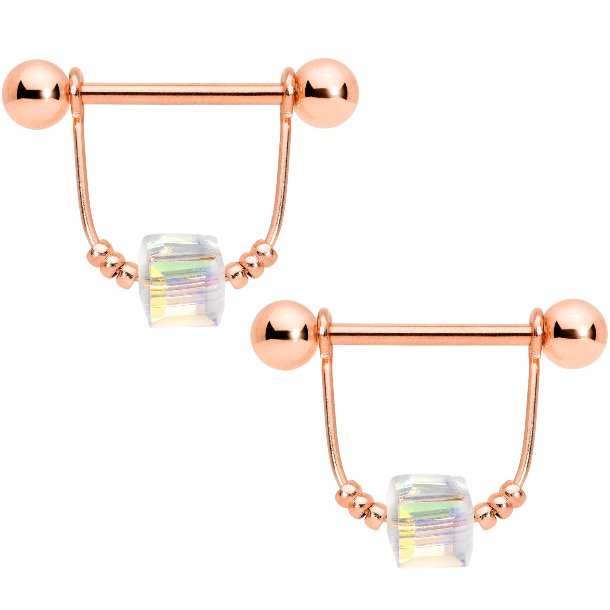 14 Gauge 5/8 Clear Gem Rose Gold Tone Cube Dangle Nipple Ring Set