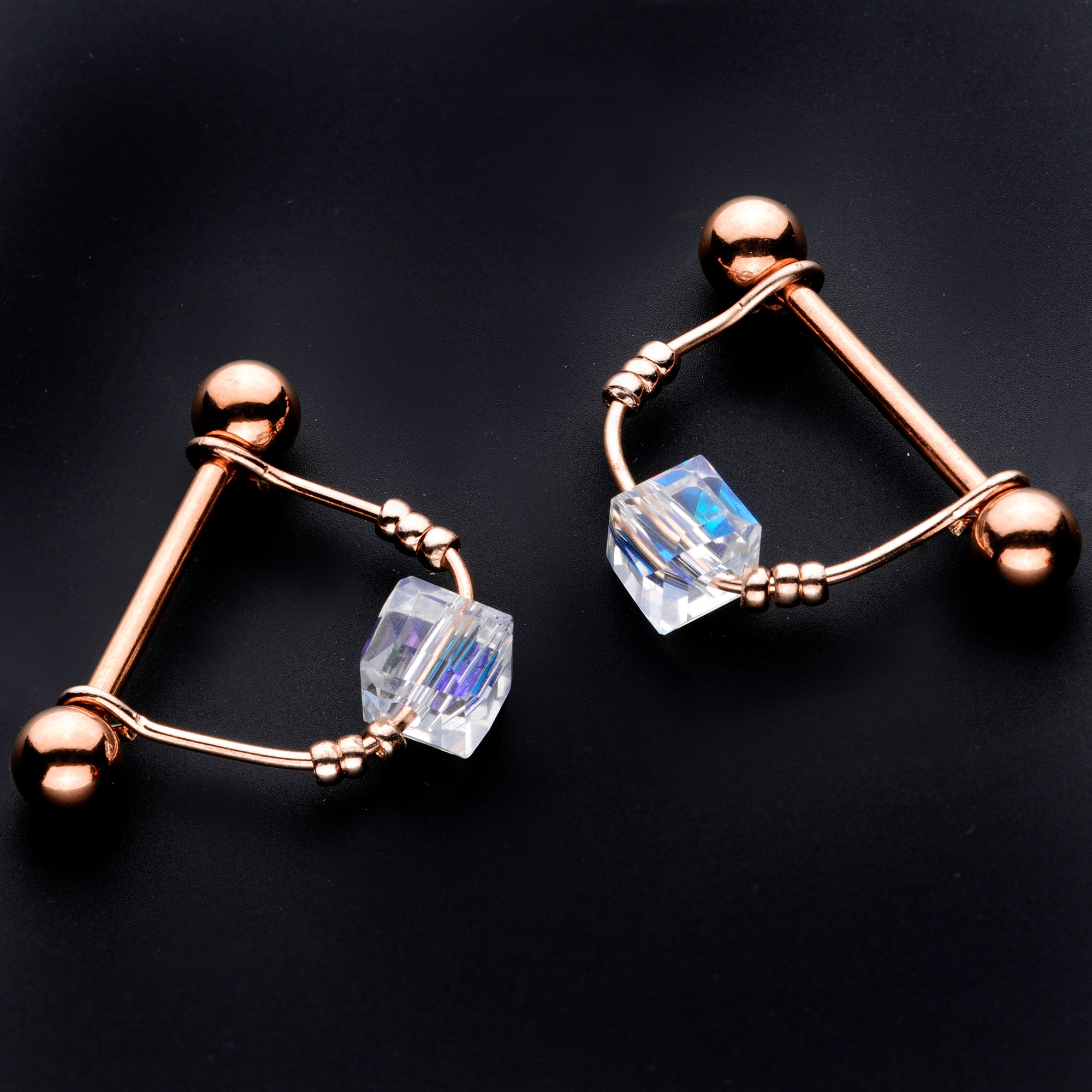 14 Gauge 5/8 Clear Gem Rose Gold Tone Cube Dangle Nipple Ring Set