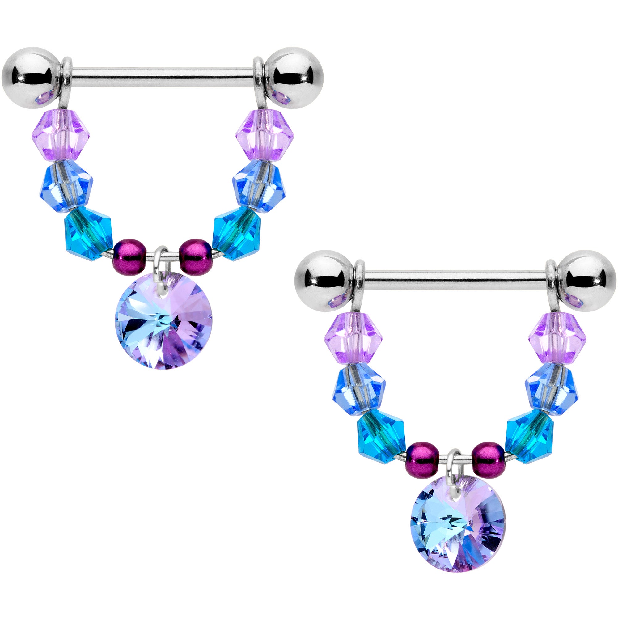 14 Gauge 5/8 Blue Purple Gem Disc Nipple Ring Set