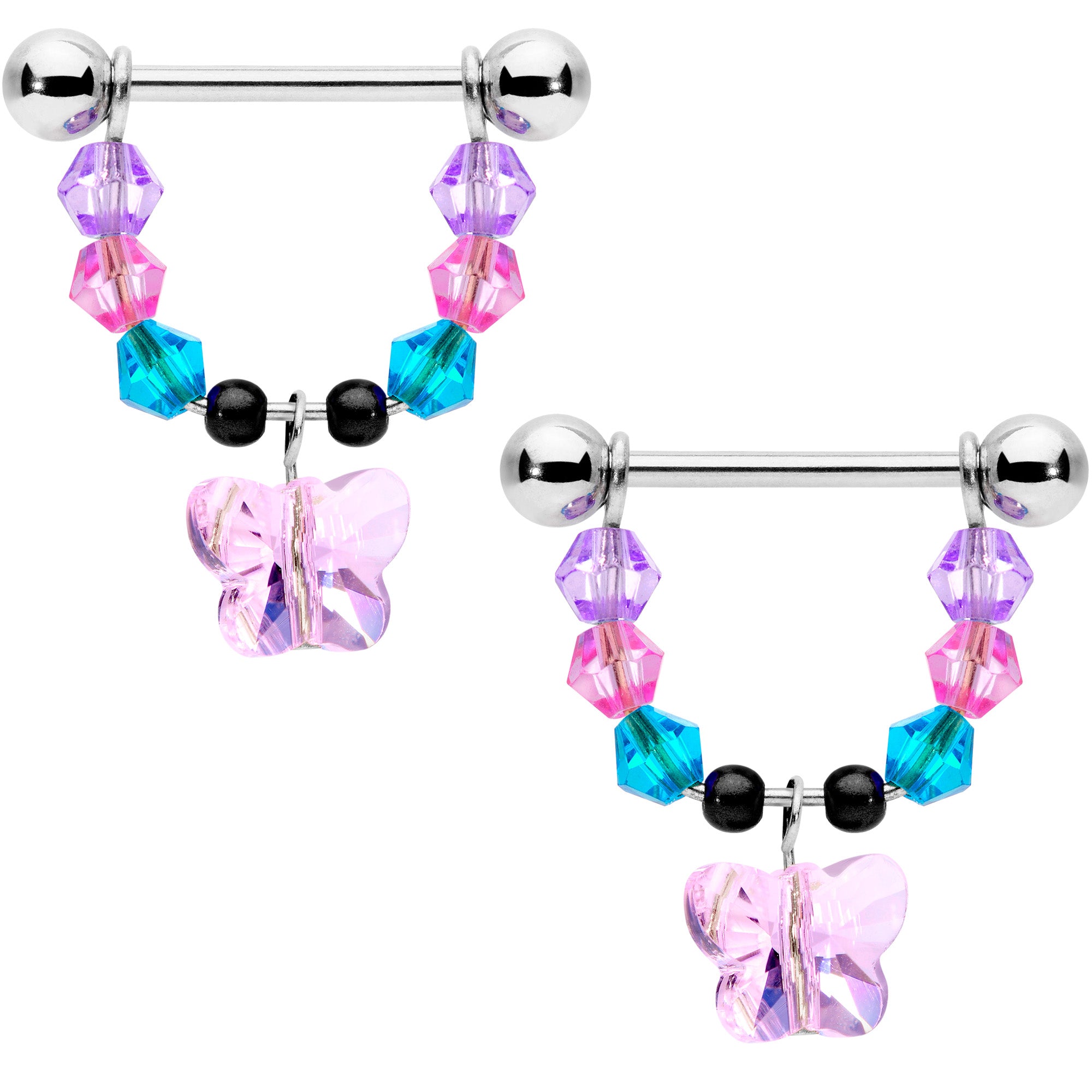 14 Gauge 5/8 Pink Blue Purple Gem Butterfly Dangle Barbell Nipple Ring Set