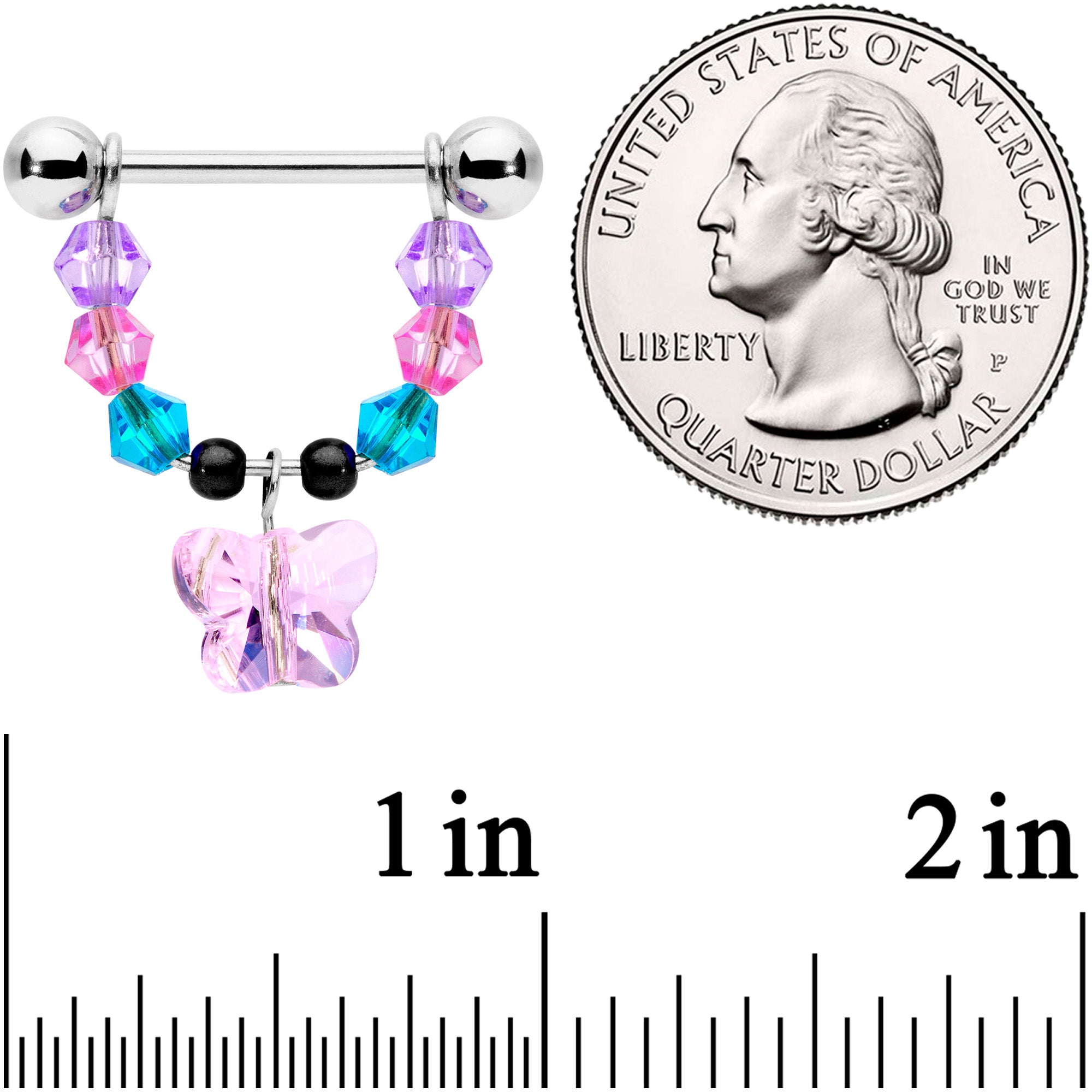 14 Gauge 5/8 Pink Blue Purple Gem Butterfly Dangle Barbell Nipple Ring Set