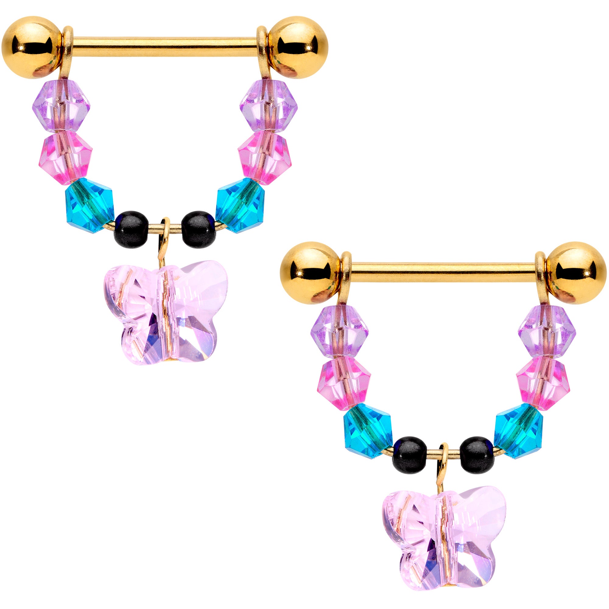 14 Gauge 5/8 Pink Blue Gem Gold Tone Butterfly Dangle Barbell Nipple Ring Set