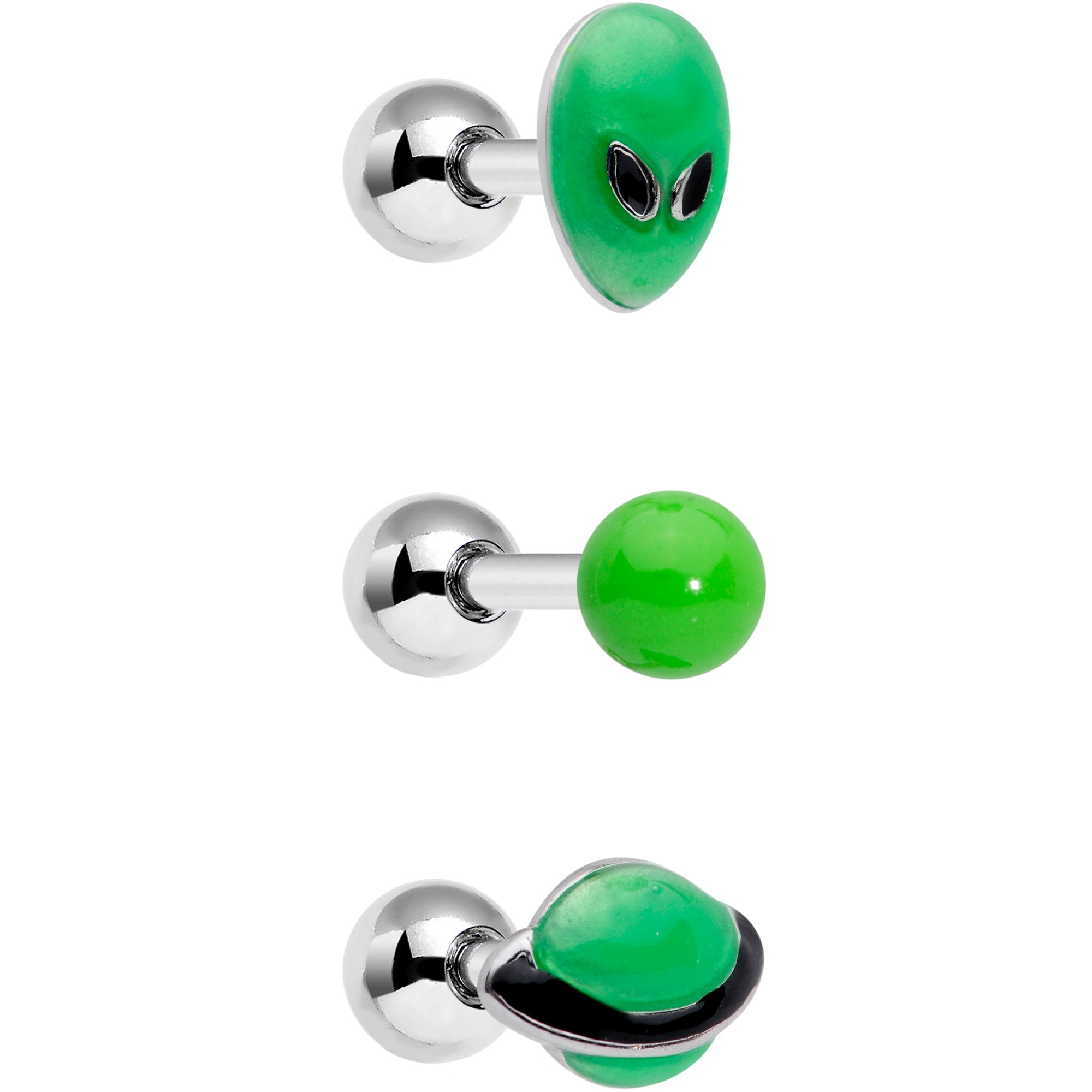 16 Gauge 1/4 Green Glow UFO Space Alien Cartilage Tragus Set of 3