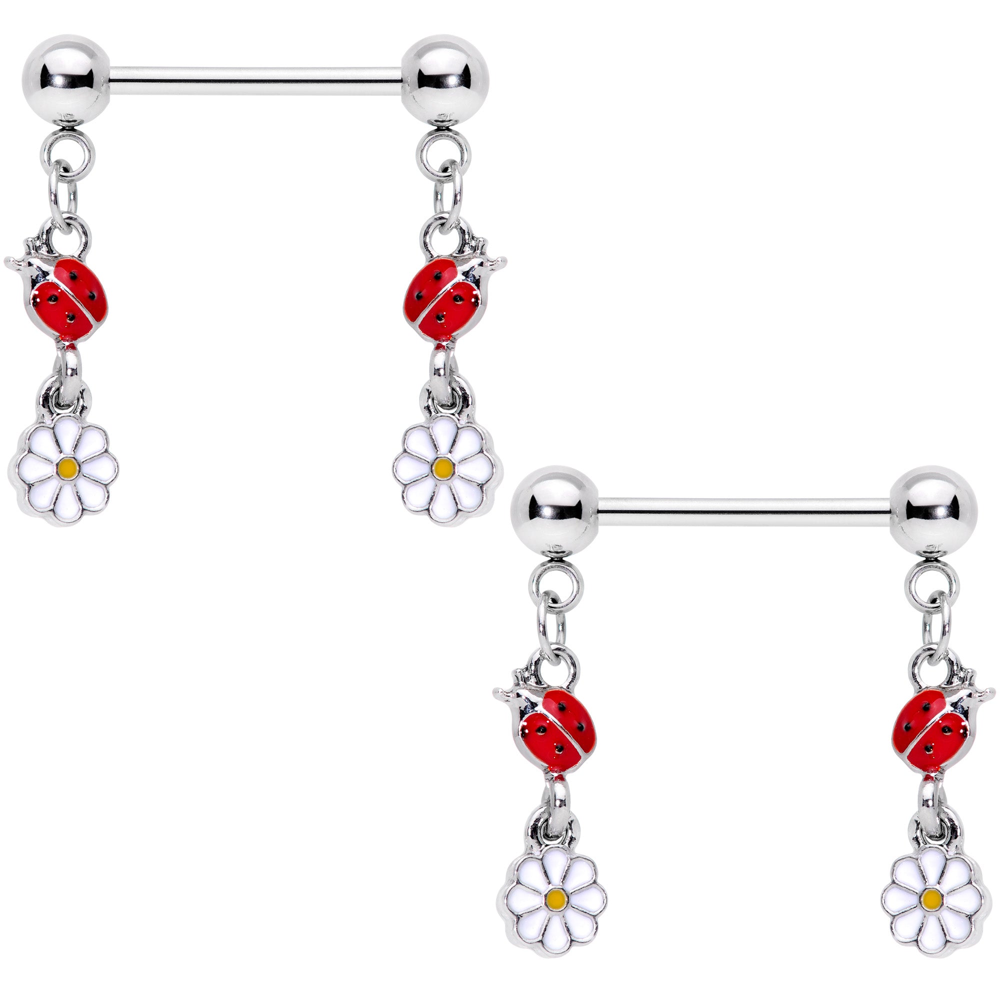 14 Gauge 5/8 Red White Ladybug Flower Dangle Barbell Nipple Ring Set