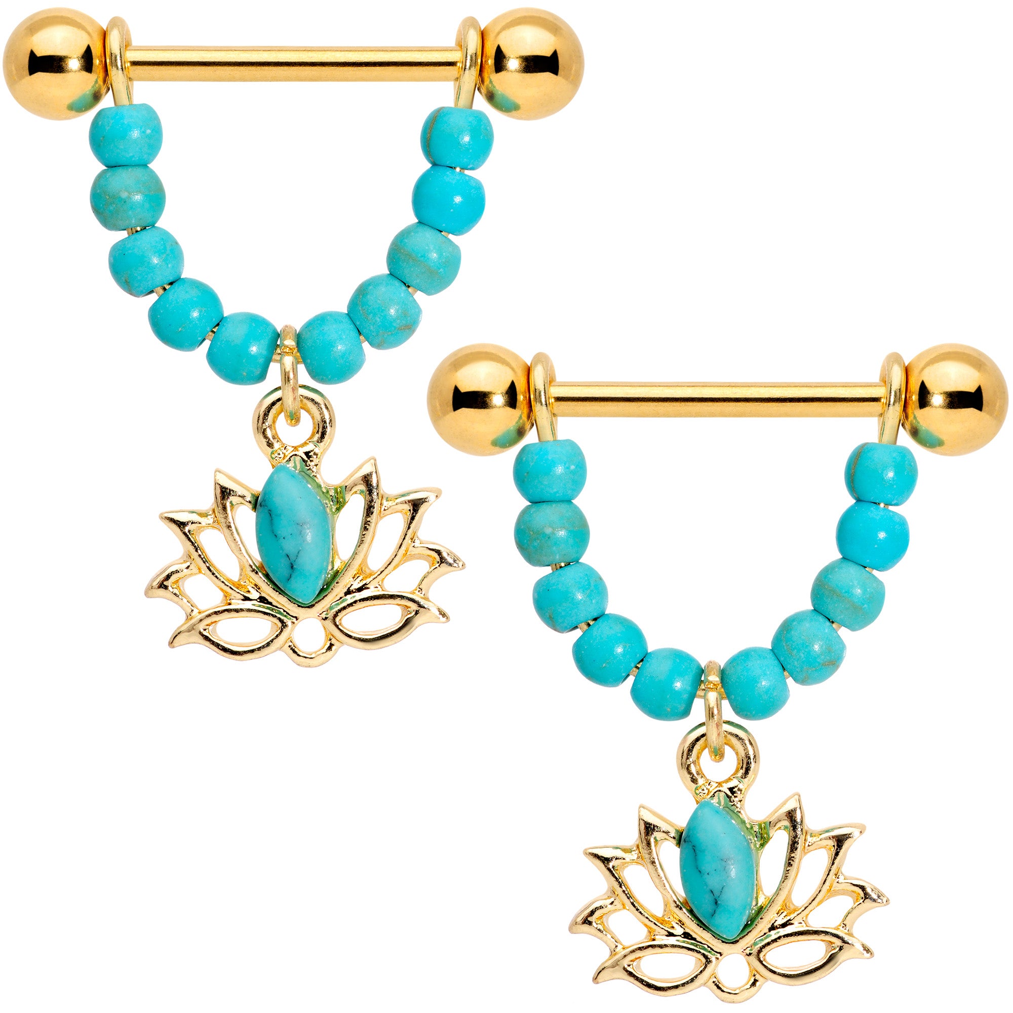 14 Gauge 5/8 Faux Turquoise Gold Tone Lotus Flower Dangle Nipple Ring Set