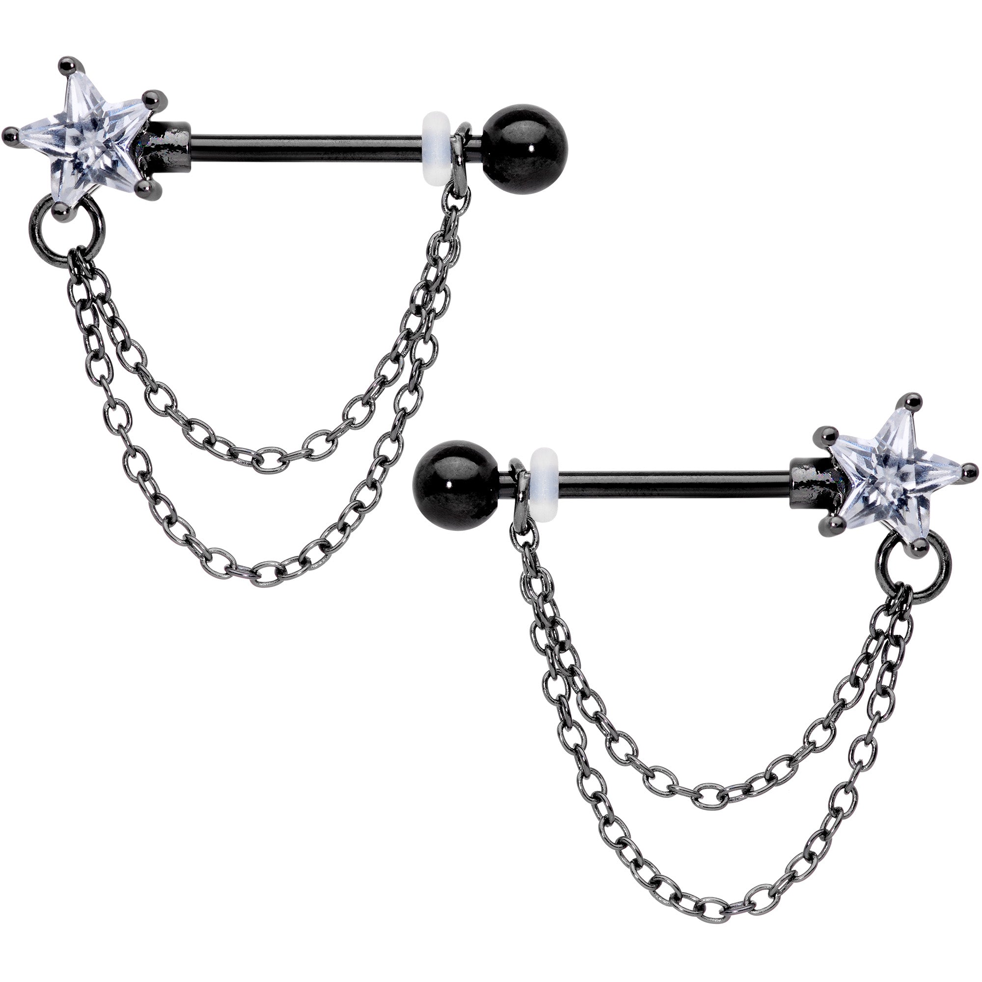 14 Gauge 5/8 Clear CZ Star Gem Black Chain Dangle Nipple Ring Set