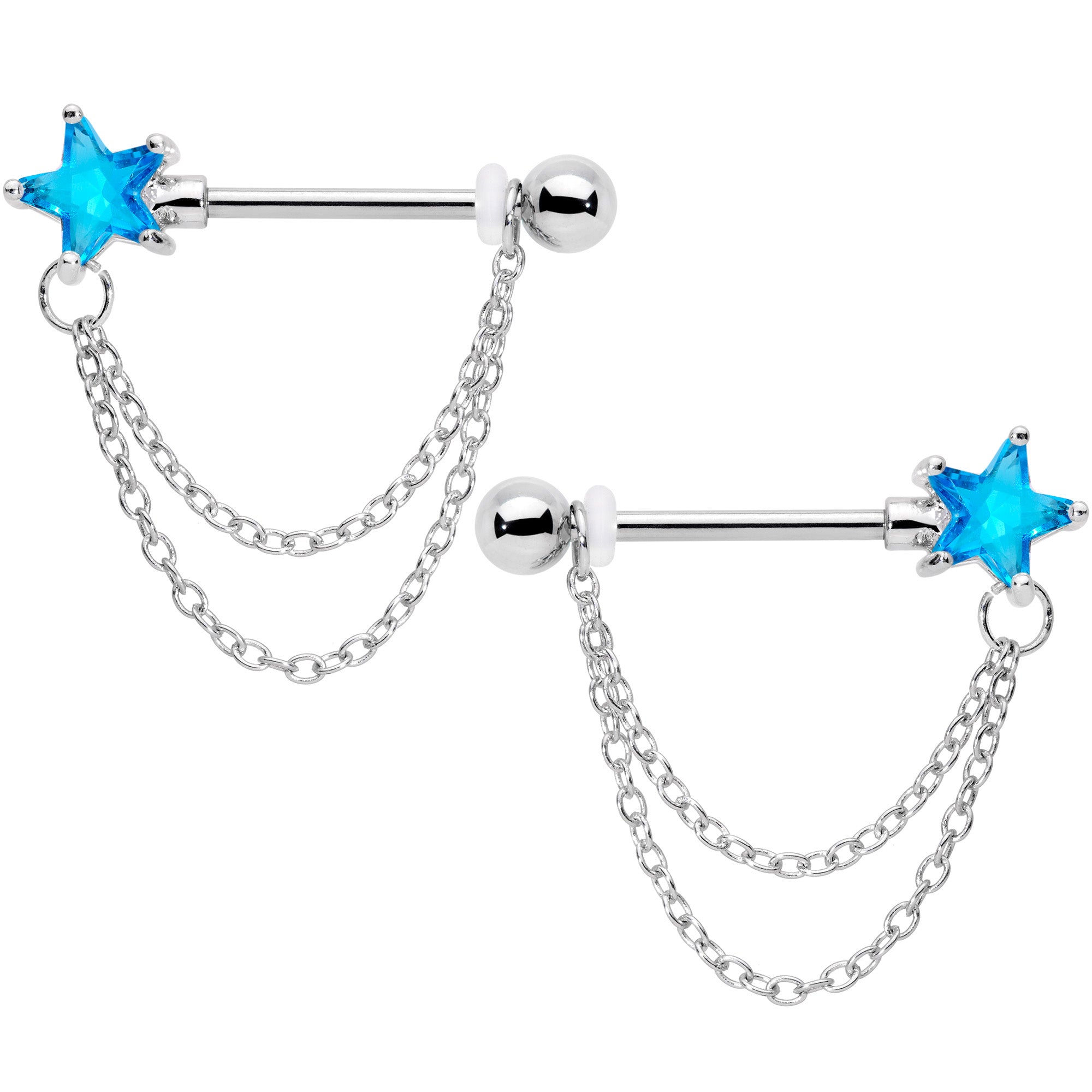 14 Gauge 5/8 Aqua CZ Star Gem Chain Dangle Nipple Ring Set