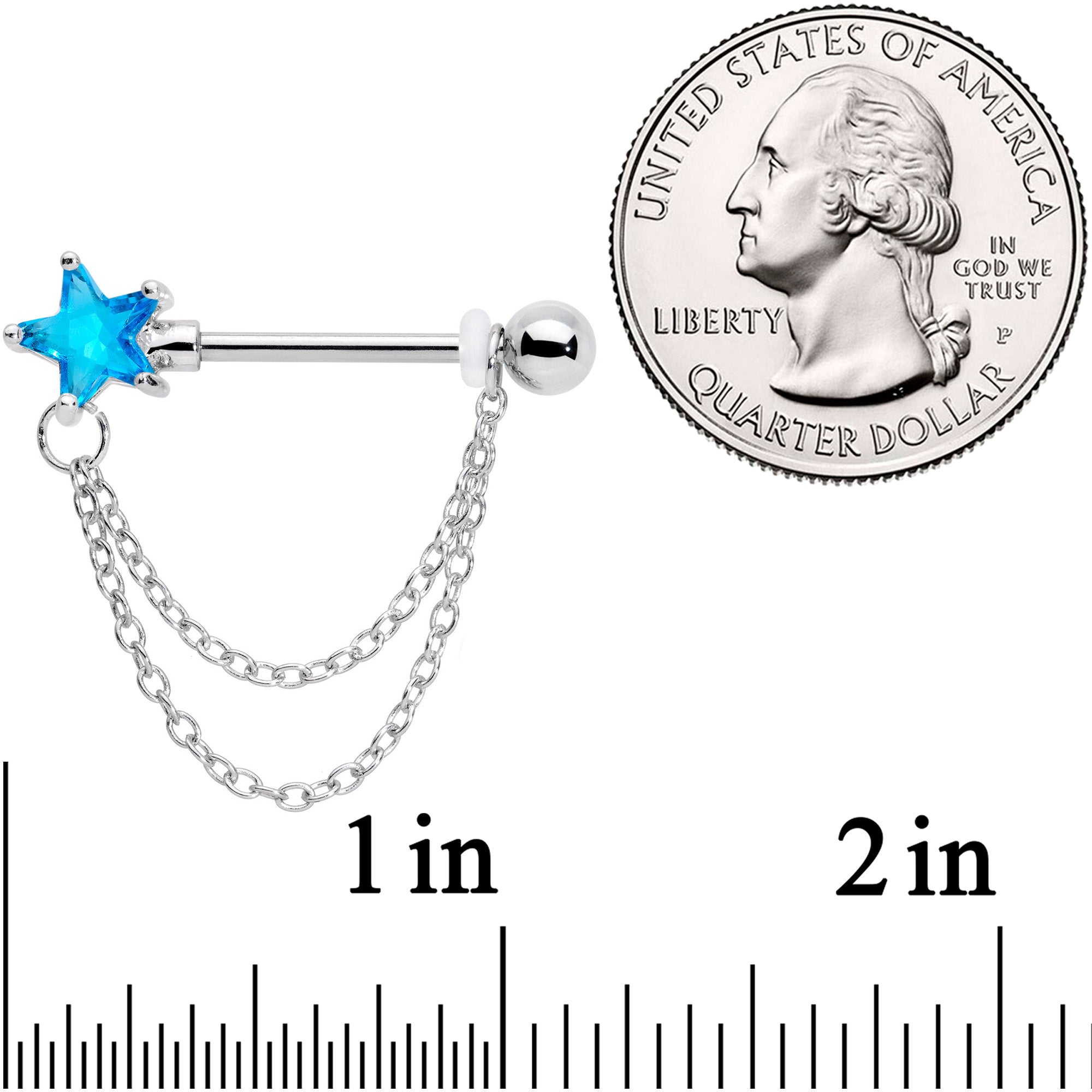 14 Gauge 5/8 Aqua CZ Star Gem Chain Dangle Nipple Ring Set