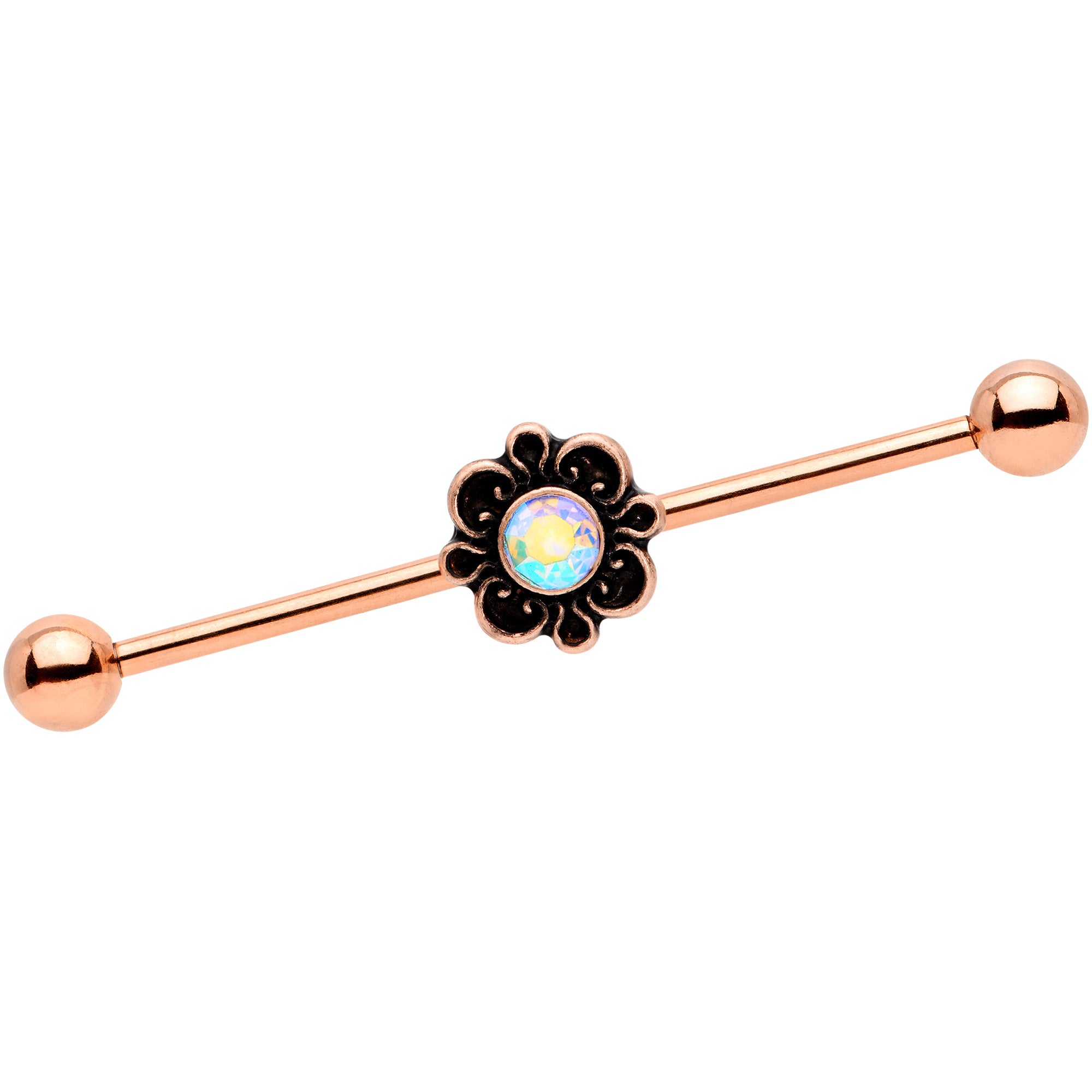 14 Gauge Aurora Gem Rose Gold Tone Flower Industrial Barbell 38mm