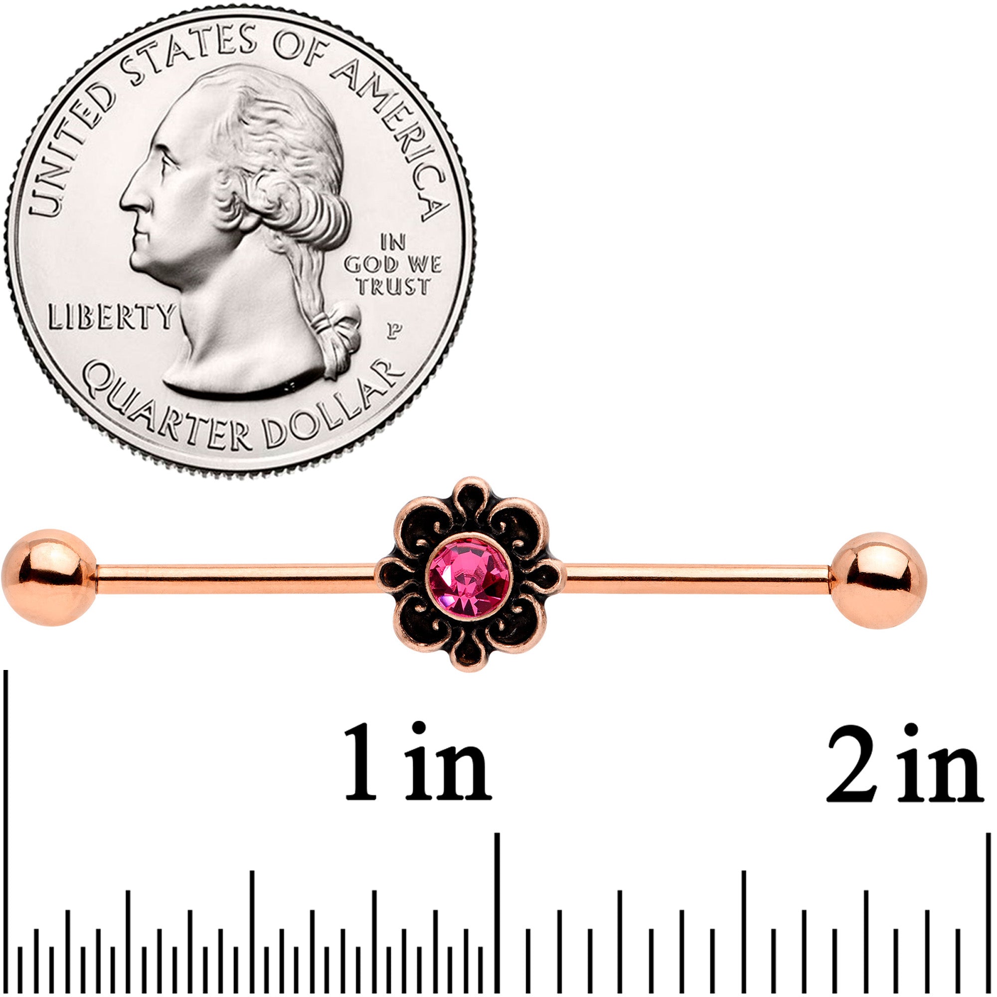 14 Gauge Pink Gem Rose Gold Tone Flower Industrial Barbell 38mm