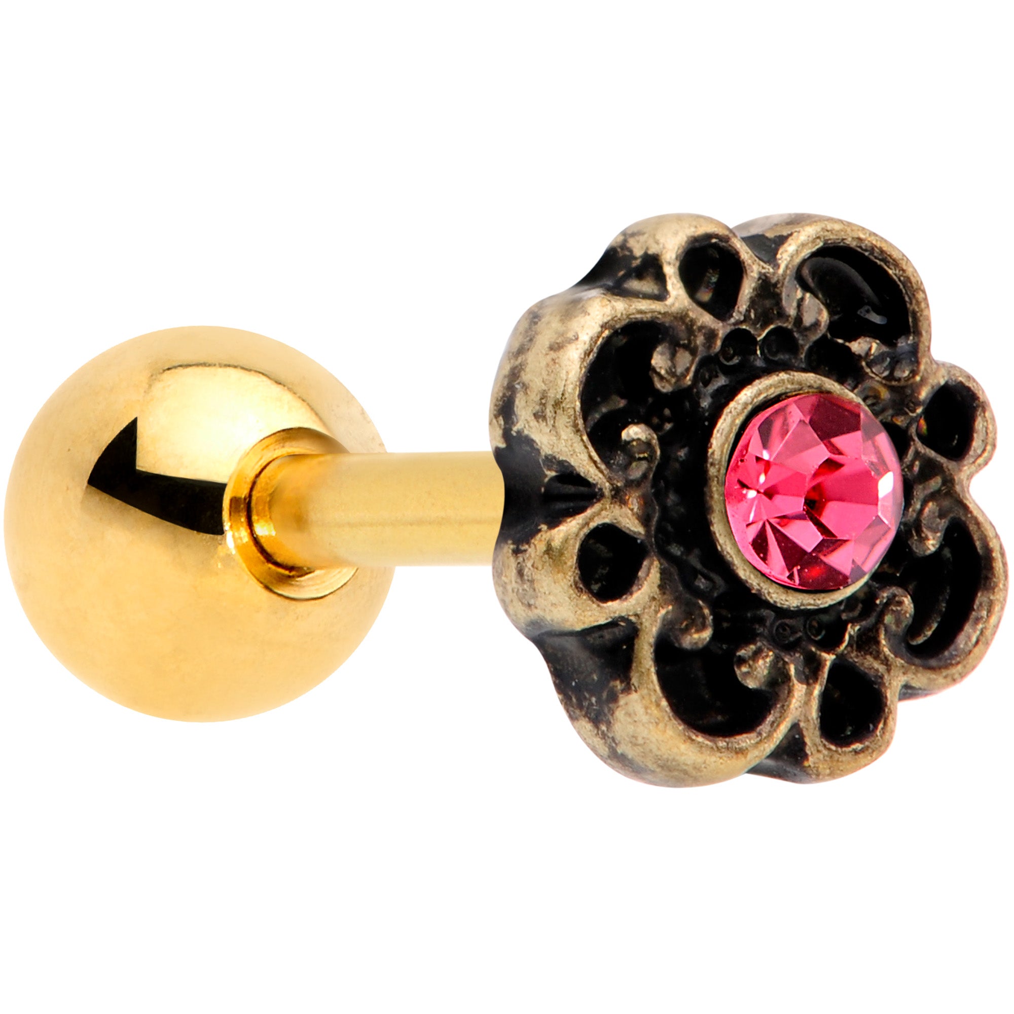 16 Gauge 1/4 Pink Gem Gold Tone Flower Emblem Tragus Cartilage Earring