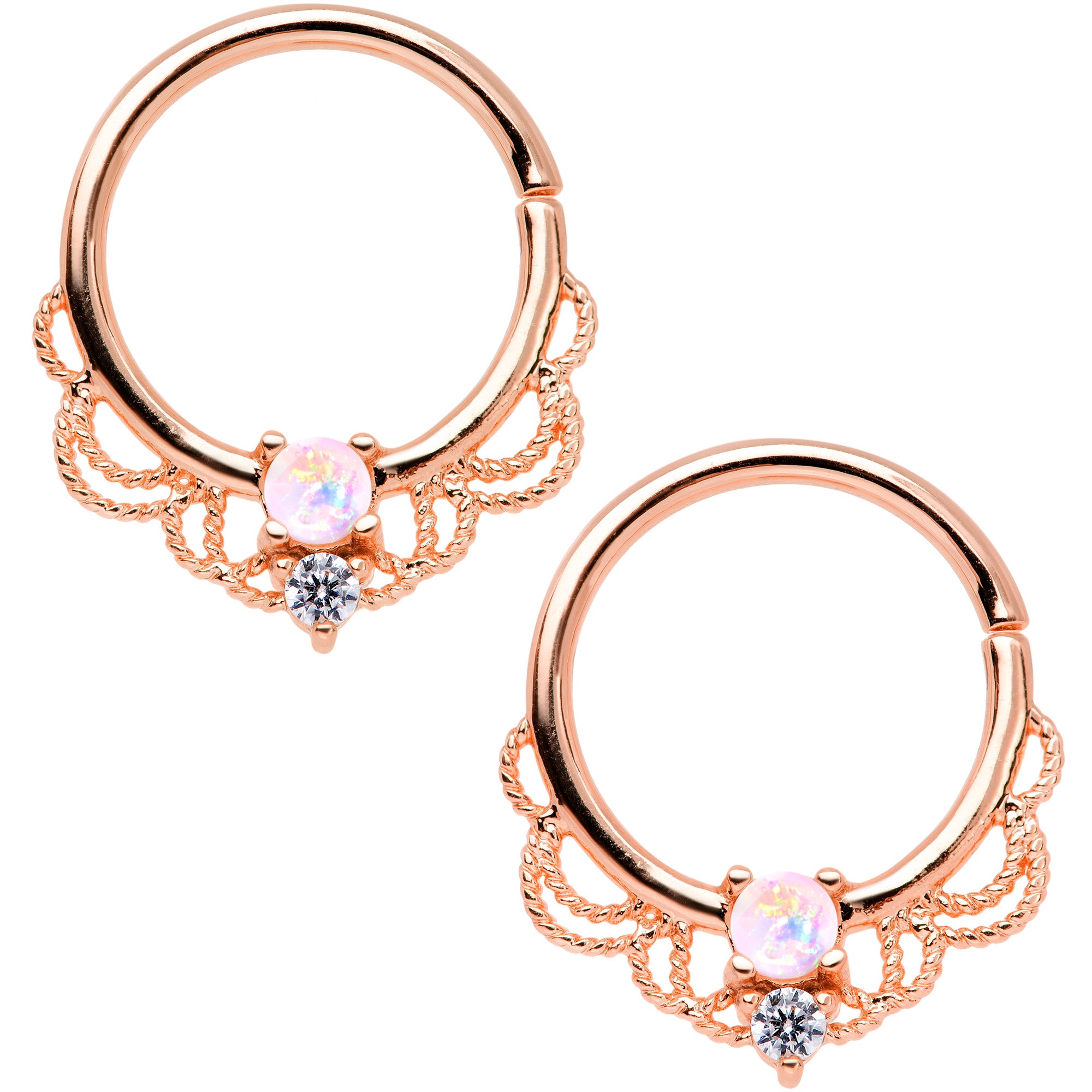 14 Gauge 9/16 White Faux Opal Rose Gold Tone Fancy Nipple Ring Set