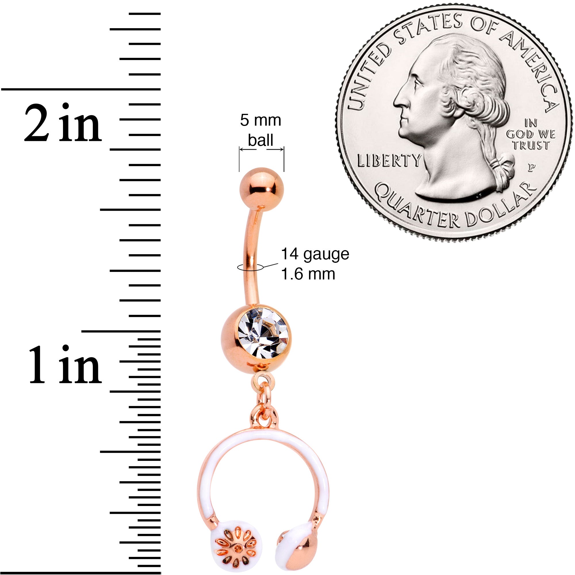 Clear Gem Rose Gold Tone Headphones Dangle Belly Ring